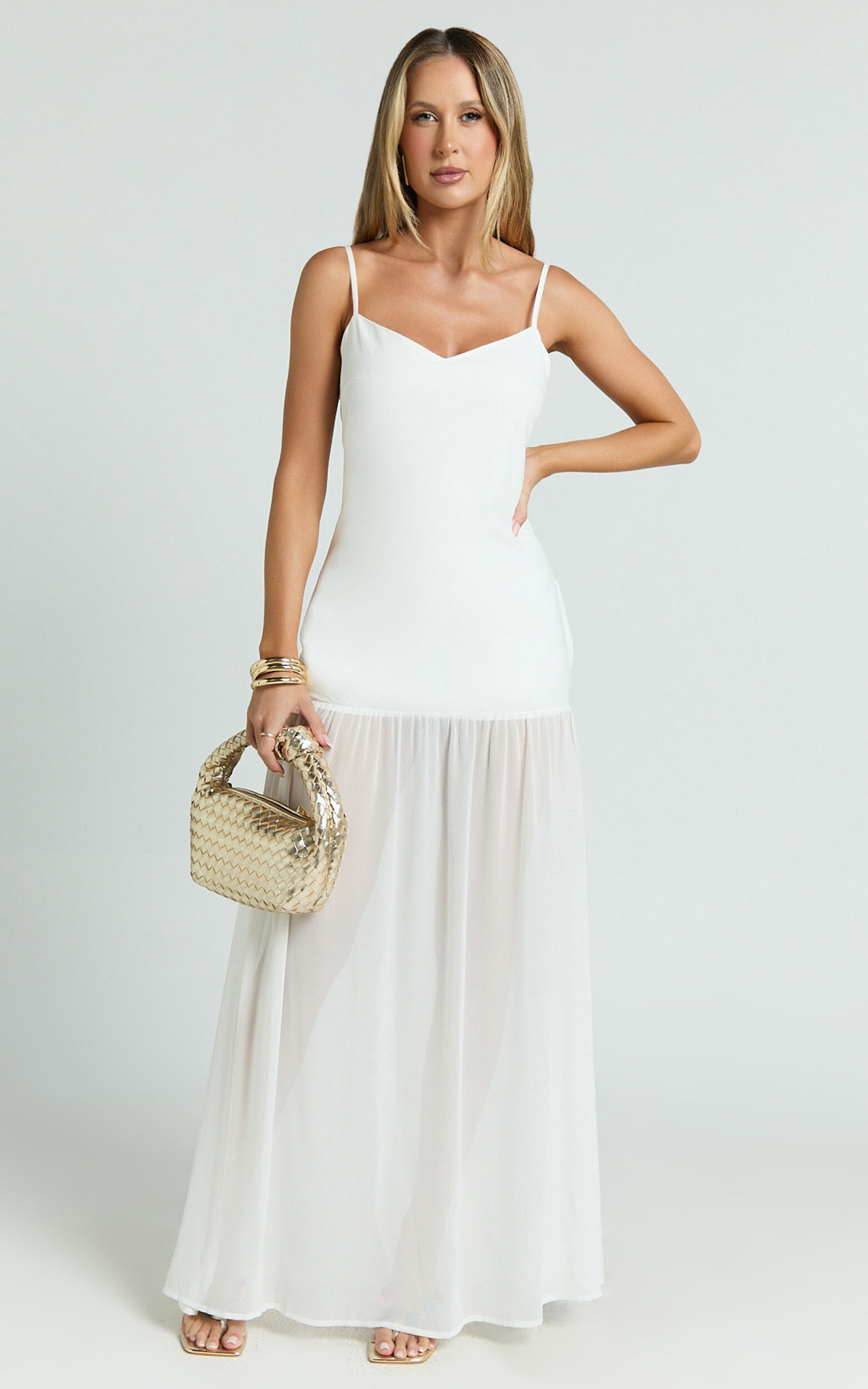 Calvin Maxi Dress - Linen Look Contrast Georgette Skirt with Neck Scarf in White
