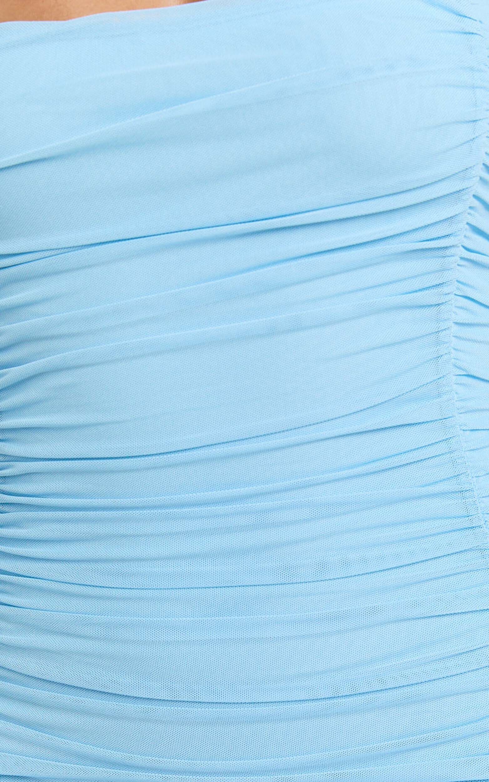 Cardi Maxi Dress - Ruched Mesh High Leg Split Dress in Blue