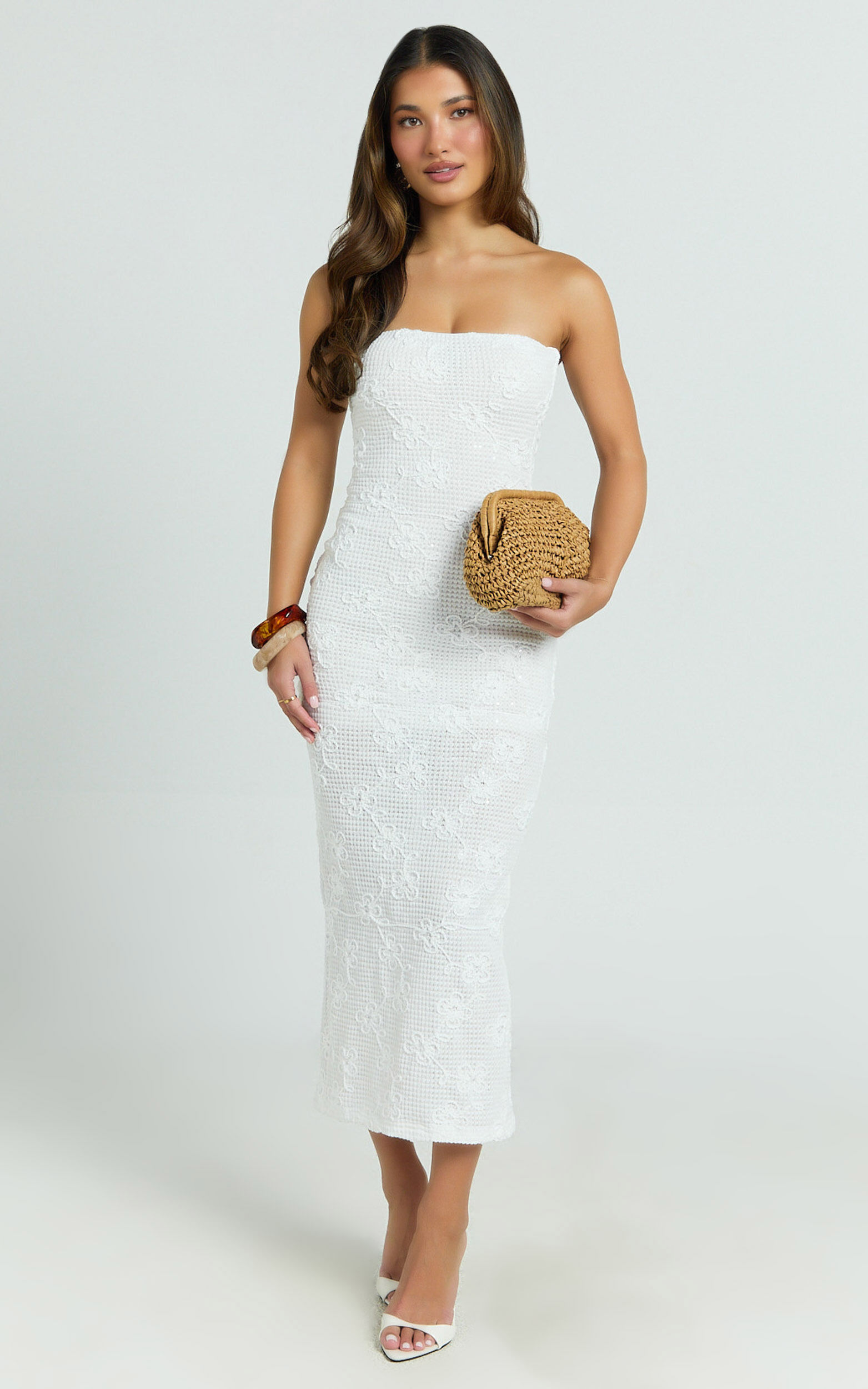 Jamil Midi Dress - Strapless Fitted Jersey Dress in White