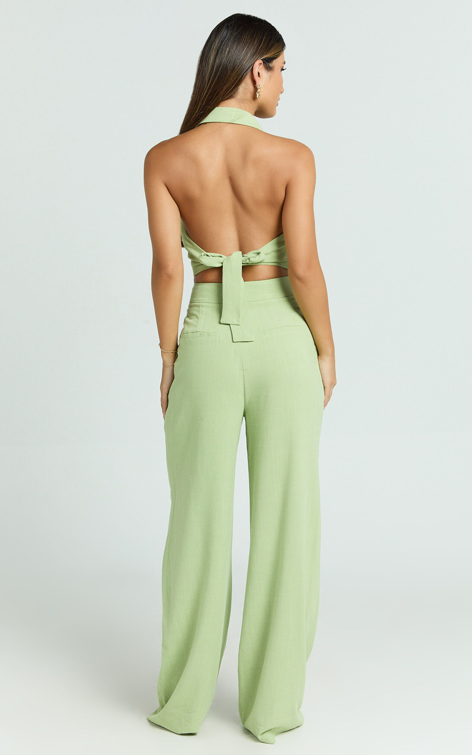 Nellis Two Piece Set - Linen Look Halter Vest and High Waisted Pants Set in Light Green
