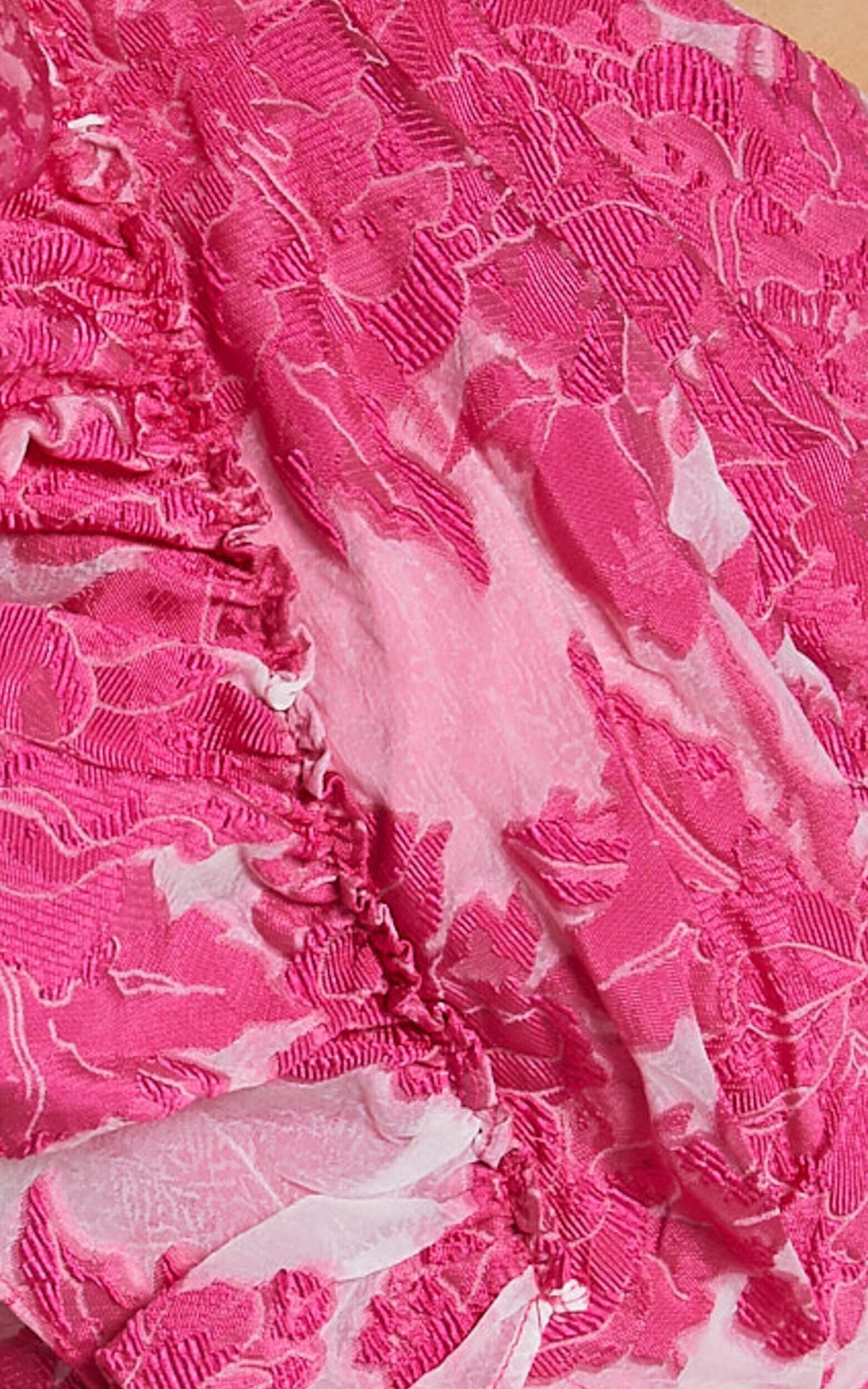 Alfreda Midi Dress - One Shoulder Ruffle Detail Brailey Jacquard Dress in Pink