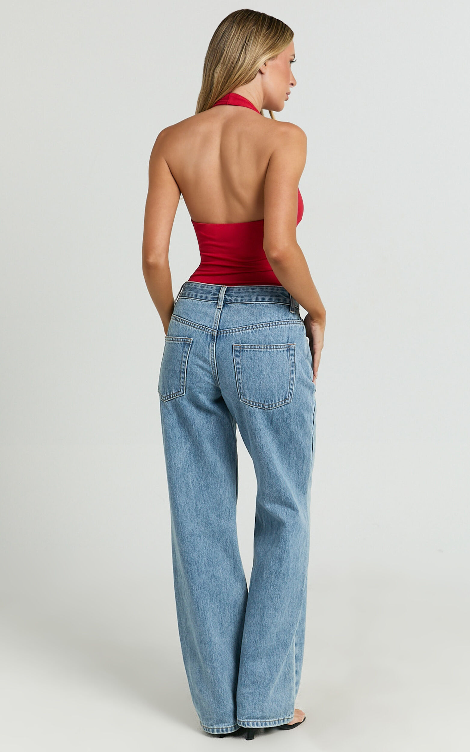 Suzanna Bodysuit - V Neck Halter Bodysuit in Red