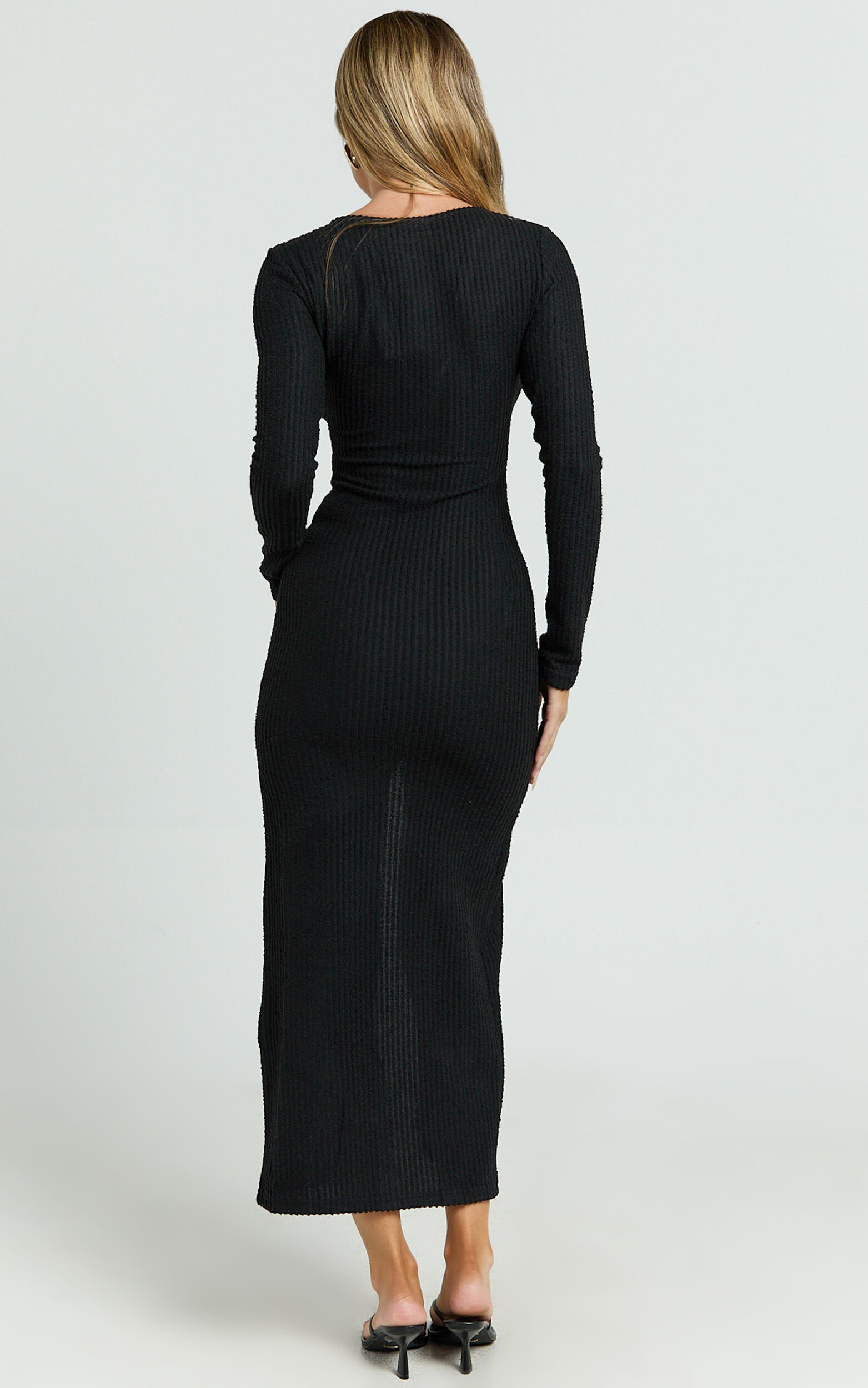 Zayla Midi Dress - Long Sleeve Button Front Bodycon Dress in Black