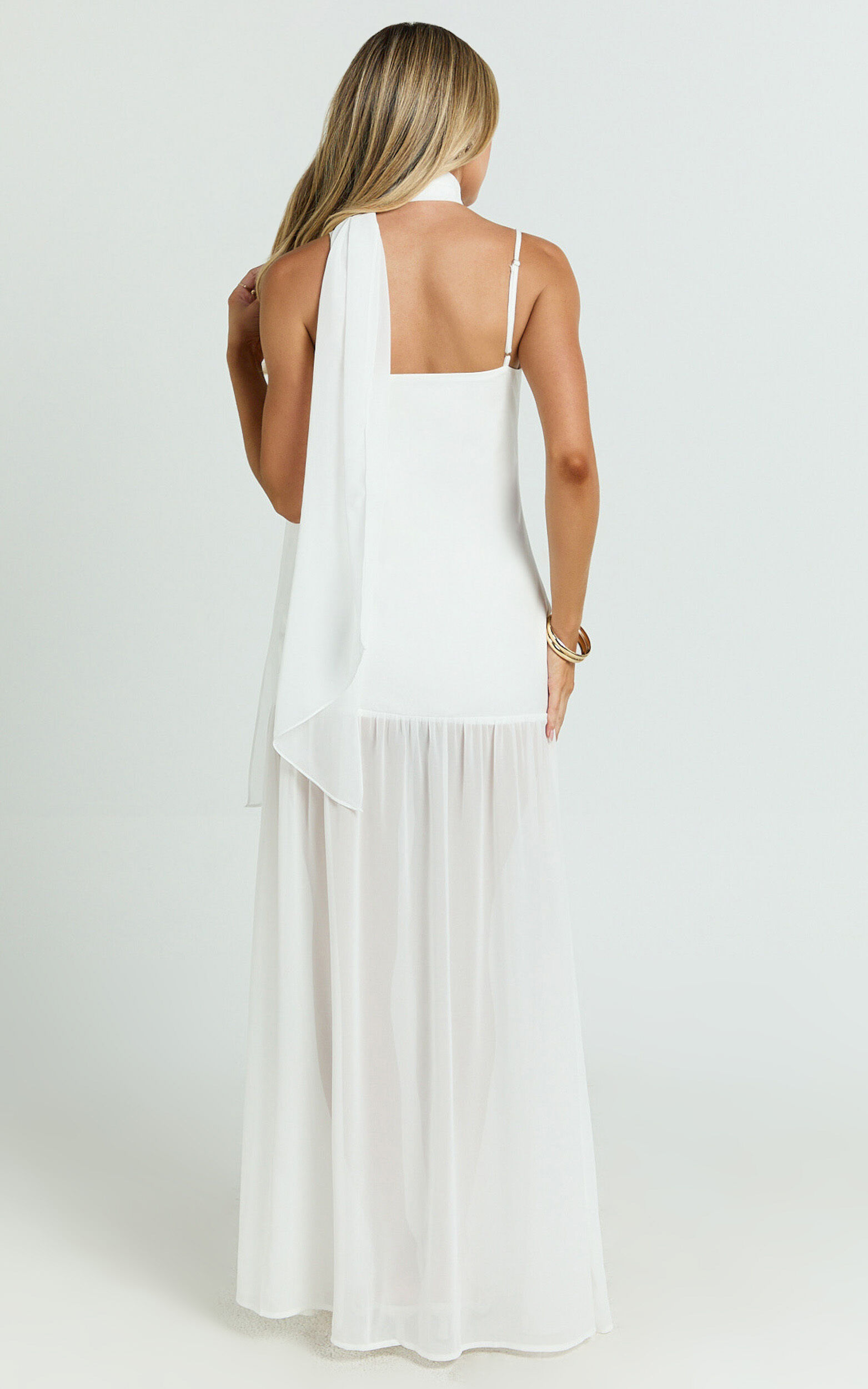 Calvin Maxi Dress - Linen Look Contrast Georgette Skirt with Neck Scarf in White
