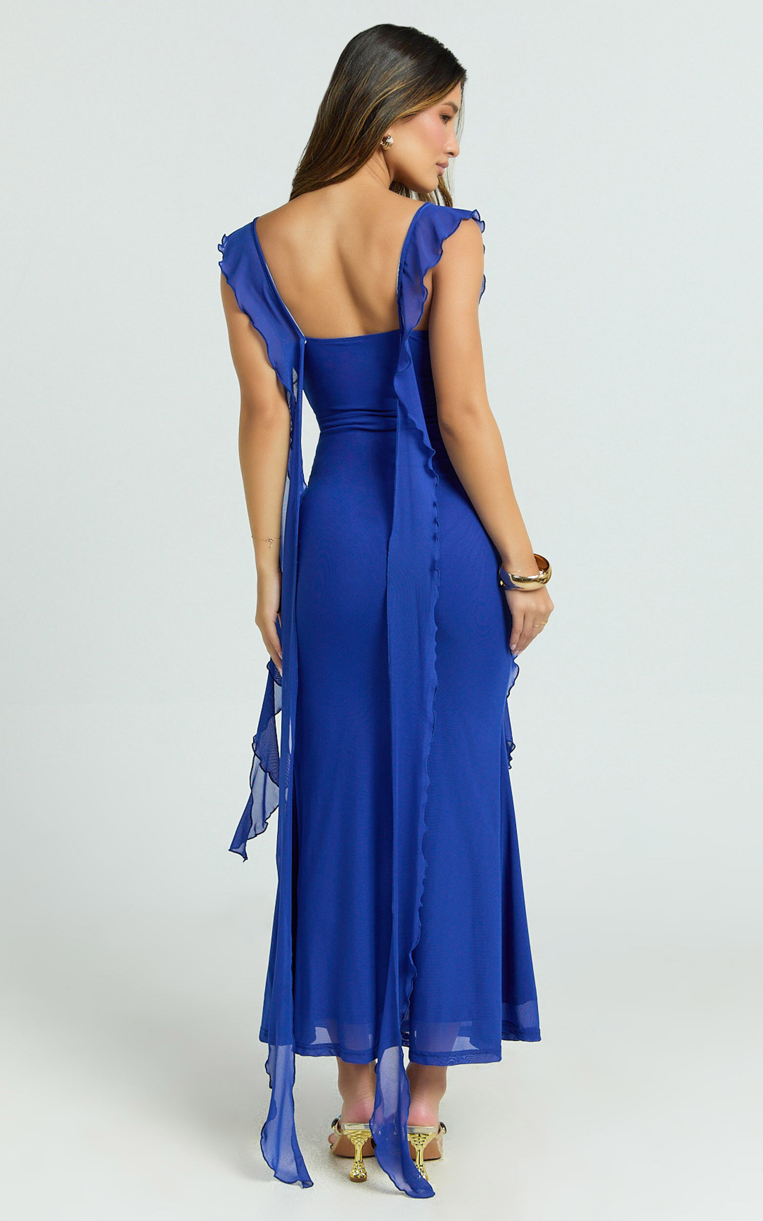 Rosha Midi Dress - Ruffle Strap Dress in Electric Blue