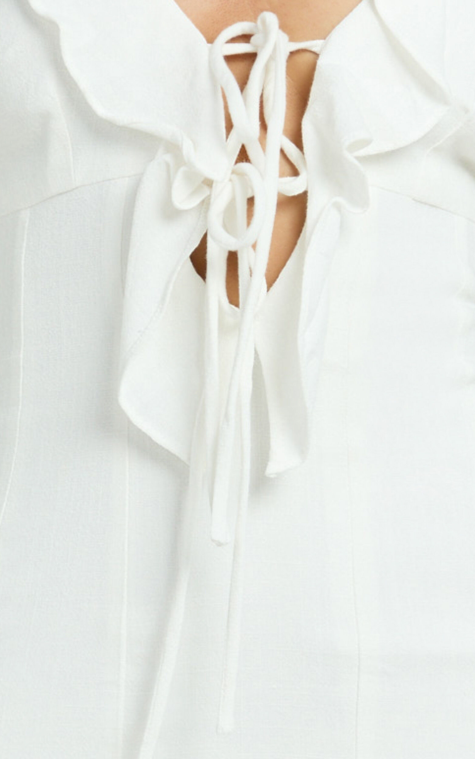 Barley Mini Dress - Ruffle Halter Tie Front Flounced Skirt Dress in White