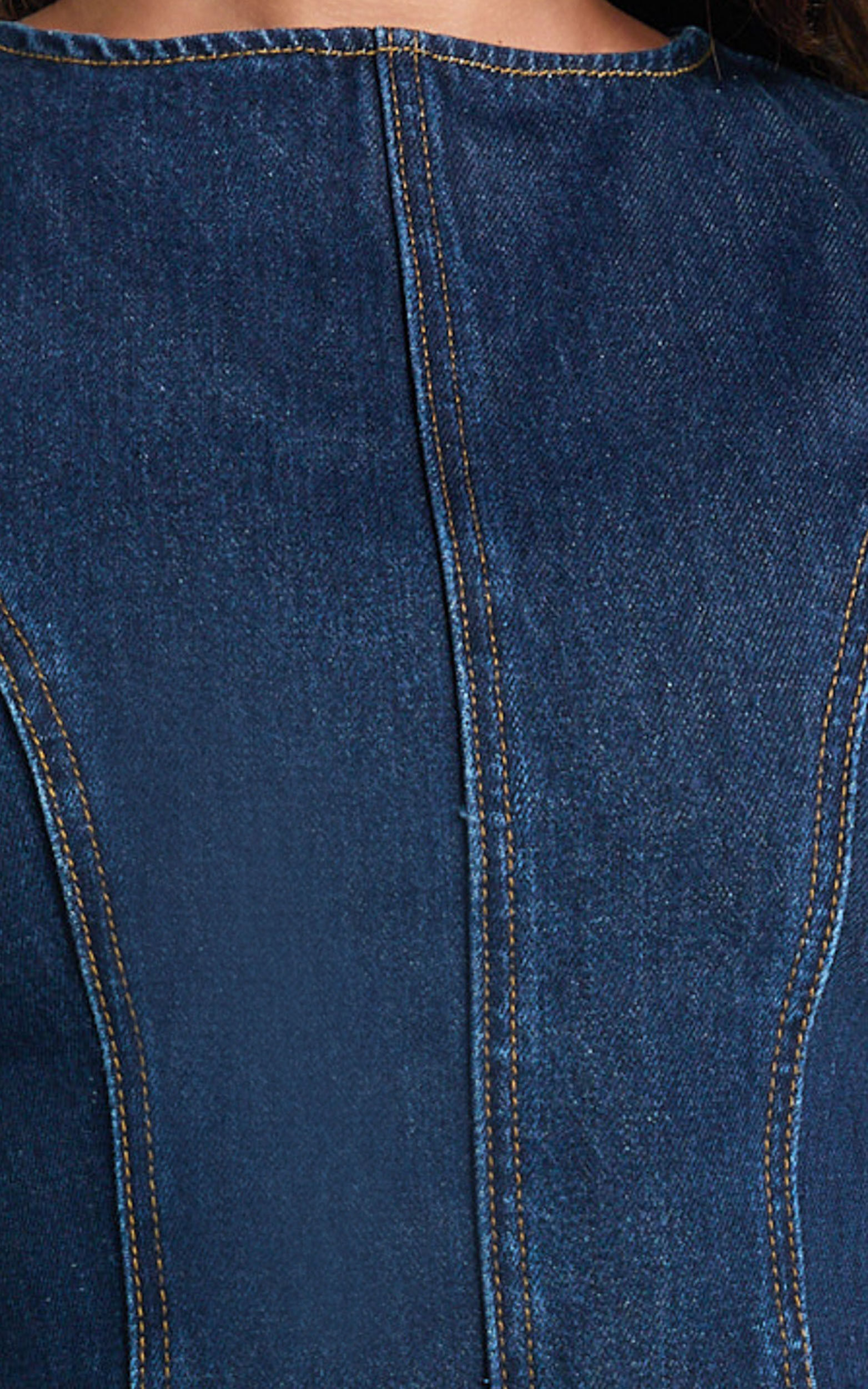 Olenna Mini Dress - High Neck Fitted Denim Dress in Indigo Wash