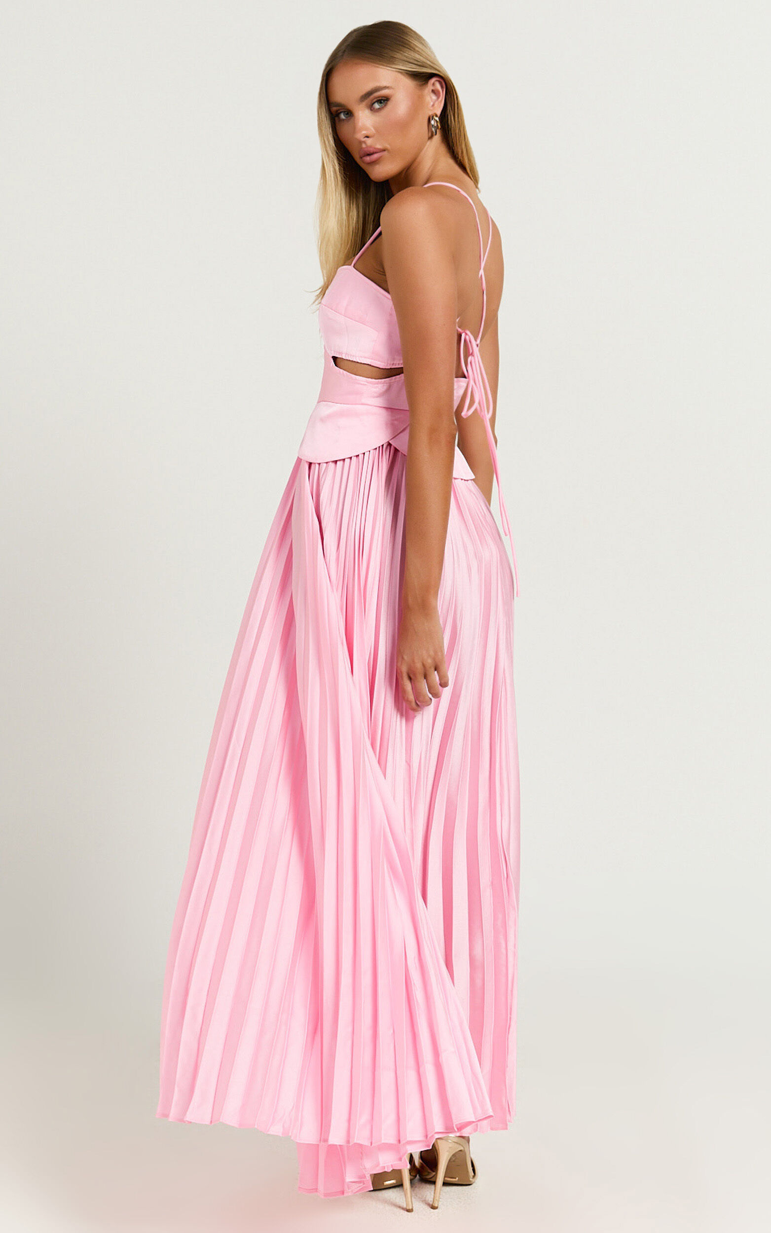 Shay Maxi Dress - Sweetheart Cut Out Pleated Dress in Pink
