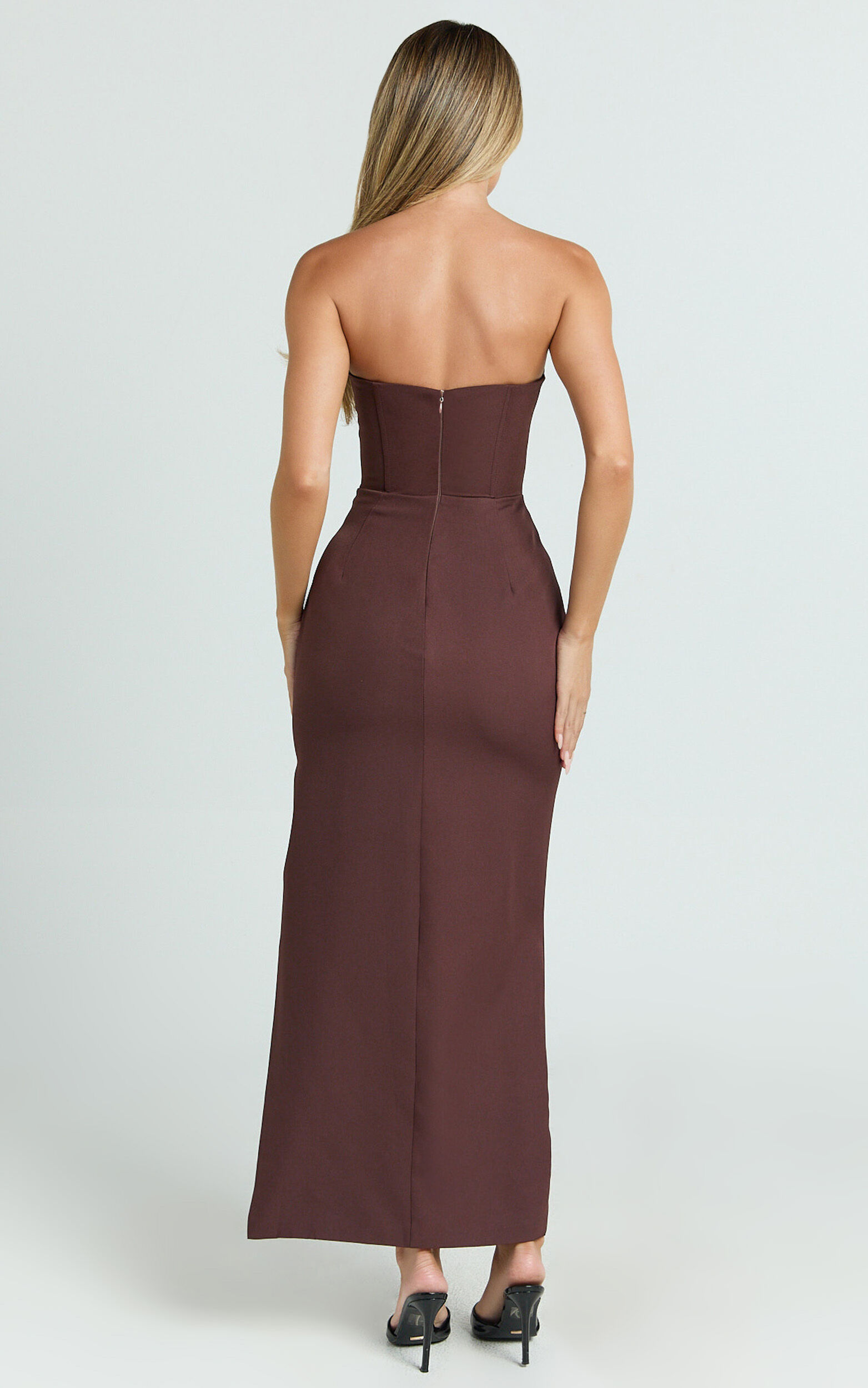 Avery Midi Dress - Strapless Draped Side Split Dress in Chocolate
