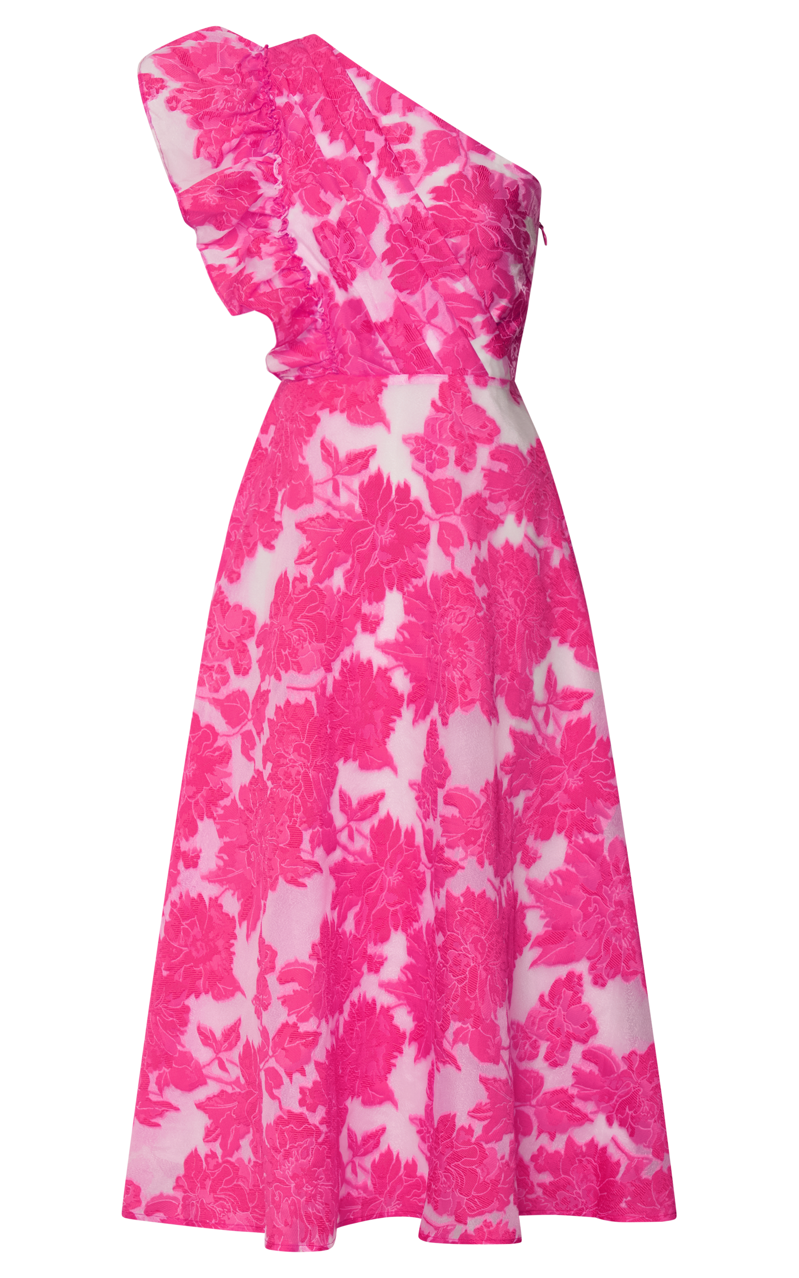Alfreda Midi Dress - One Shoulder Ruffle Detail Brailey Jacquard Dress in Pink