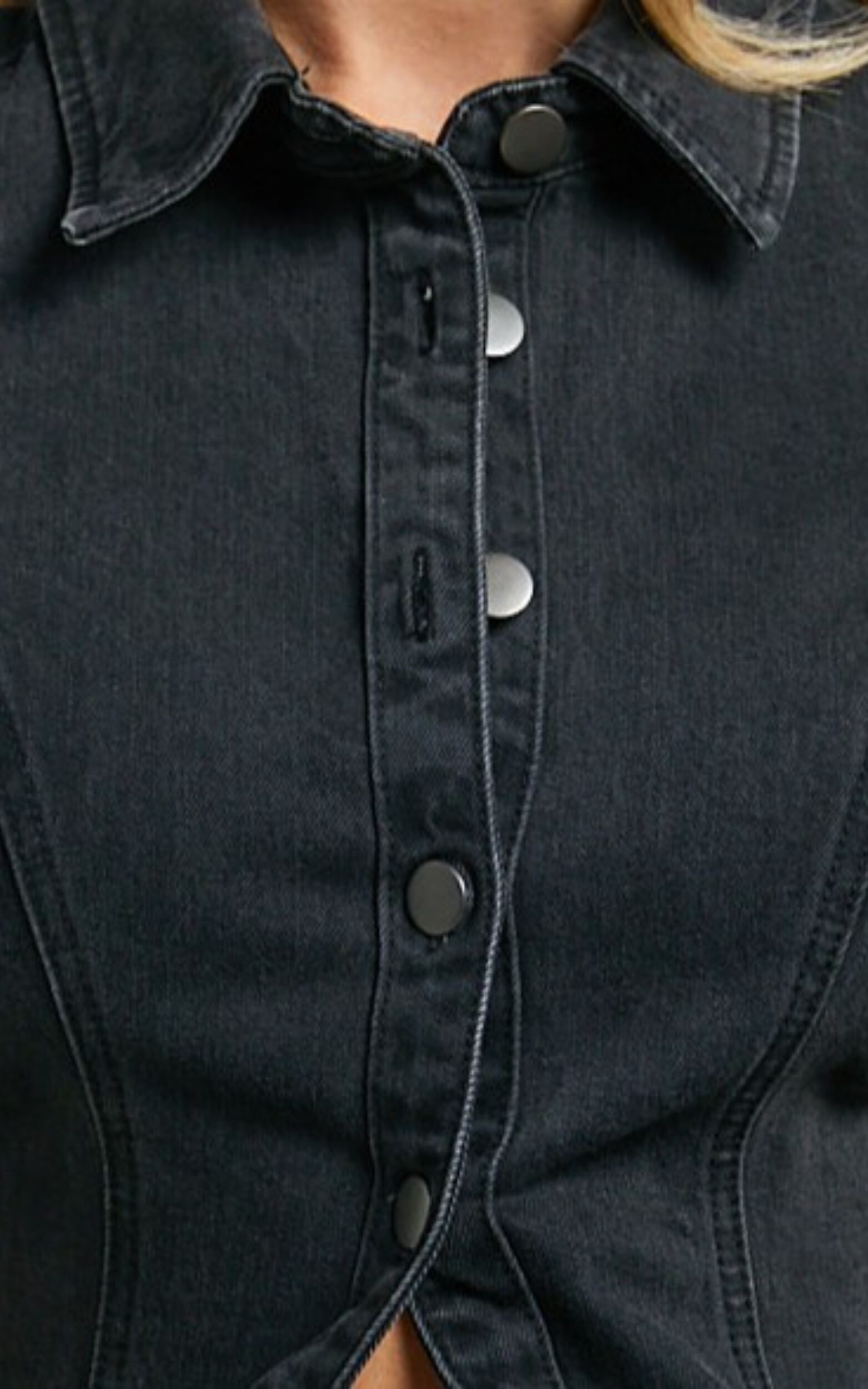 Paige Top - Button Down Short Sleeve Denim Top in Washed Black