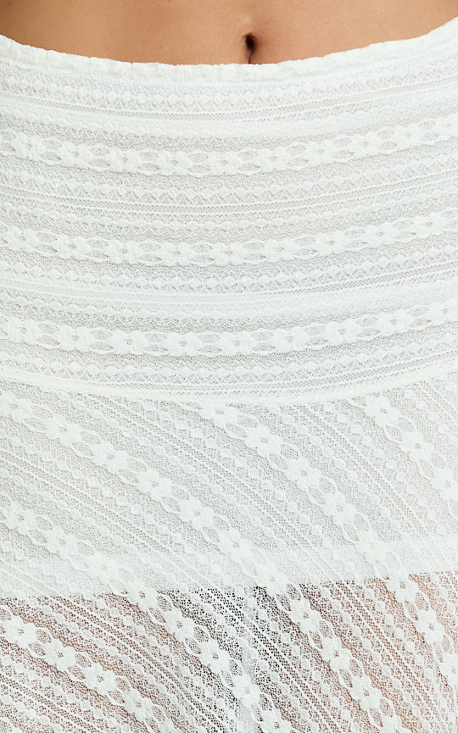 Hayden Midi Skirt - Low Waisted Asymmetrical Lace Midi Skirt in White