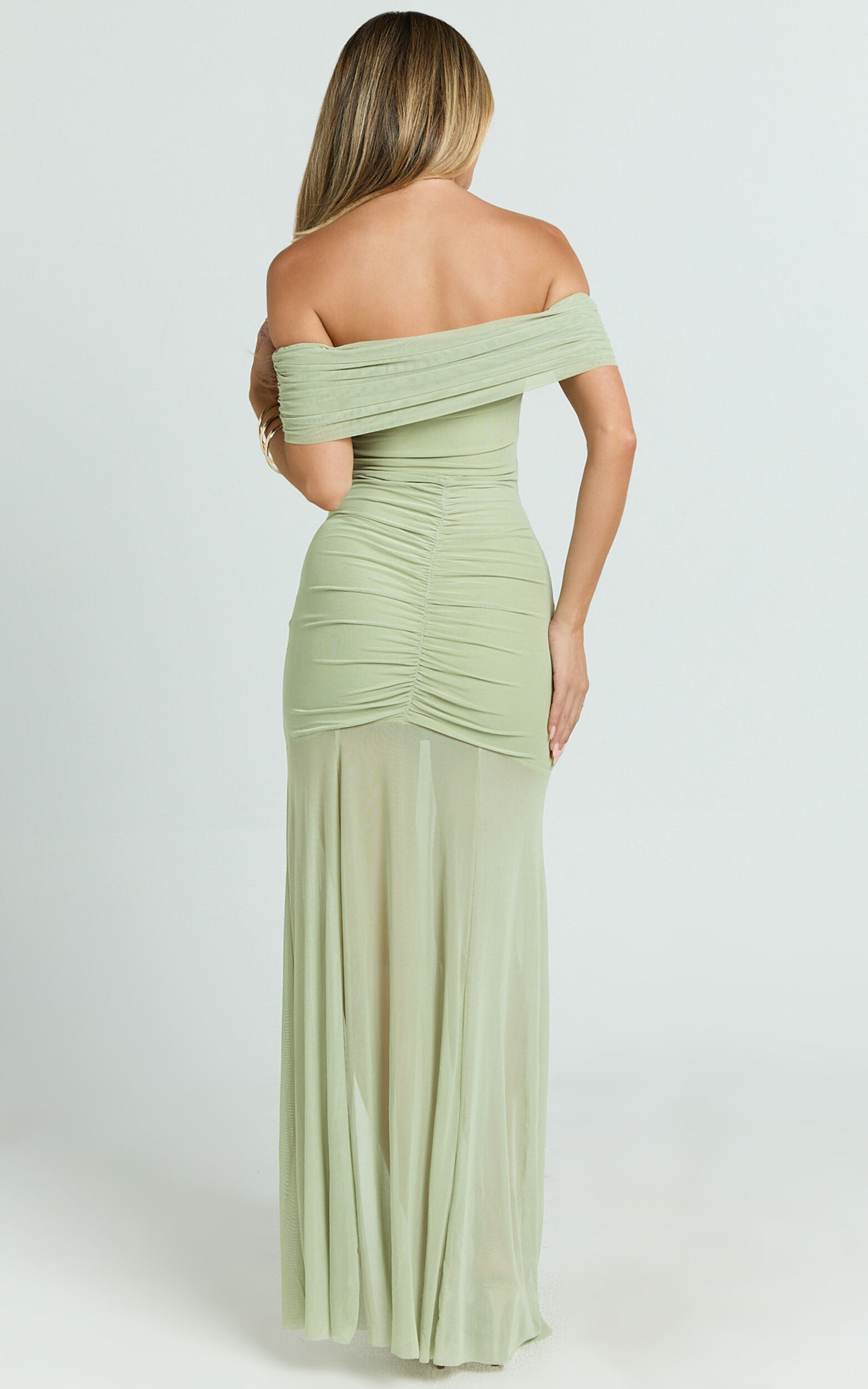 Alanna Maxi Dress - Off Shoulder Ruched Mesh Dress in Sage