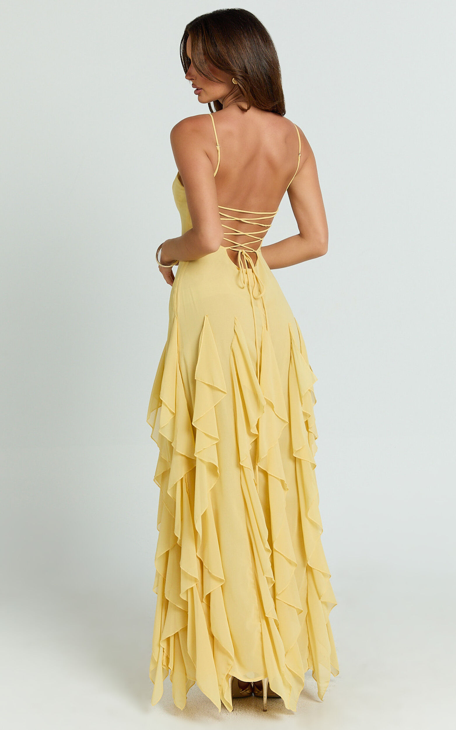 Maeve Maxi Dress - V Neck Ruffle Tier Slip Dress in Lemon