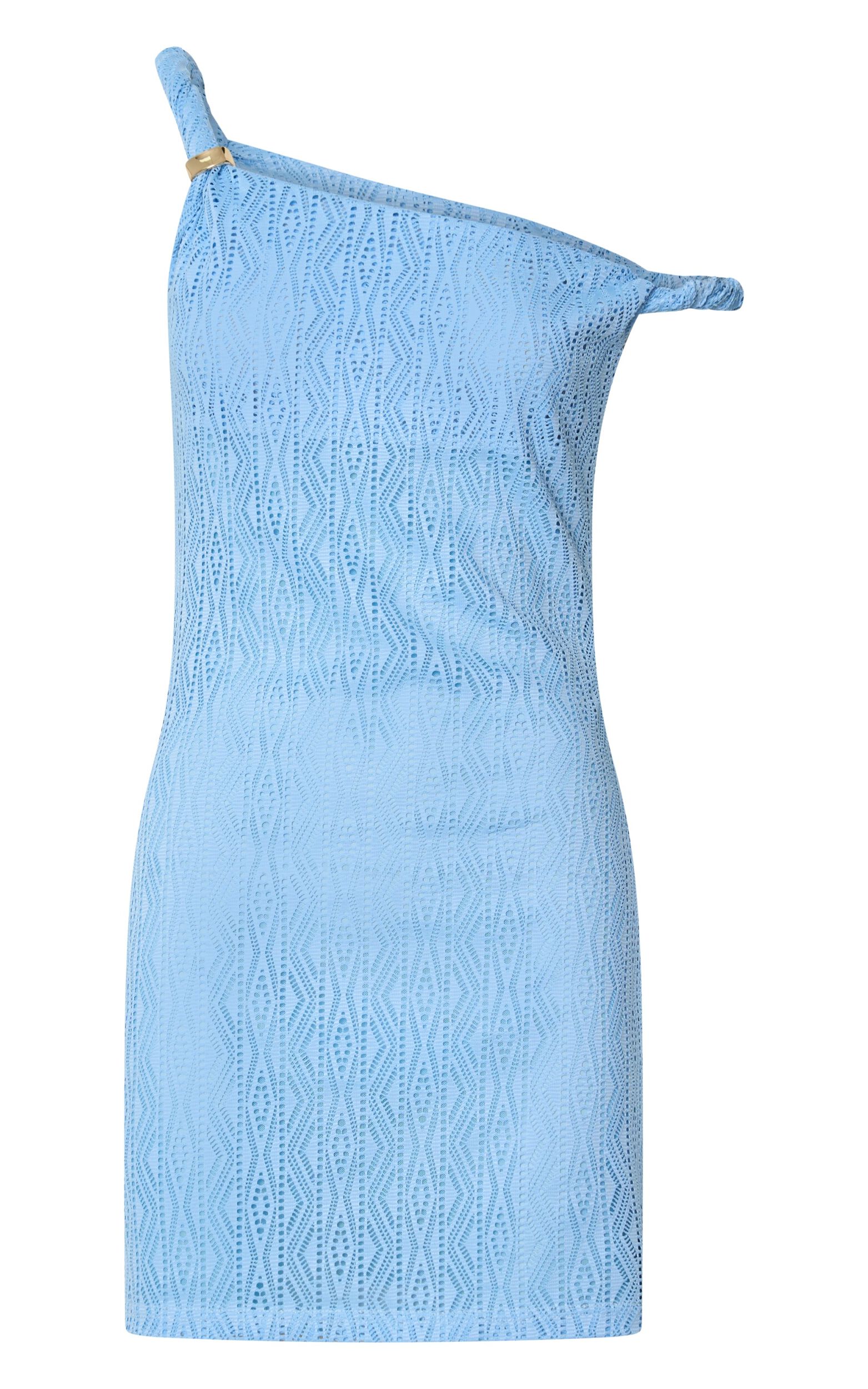 Jude Mini Dress - Twist Straps Tipped Shoulder Fitted Pointelle Jersey Dress in Blue