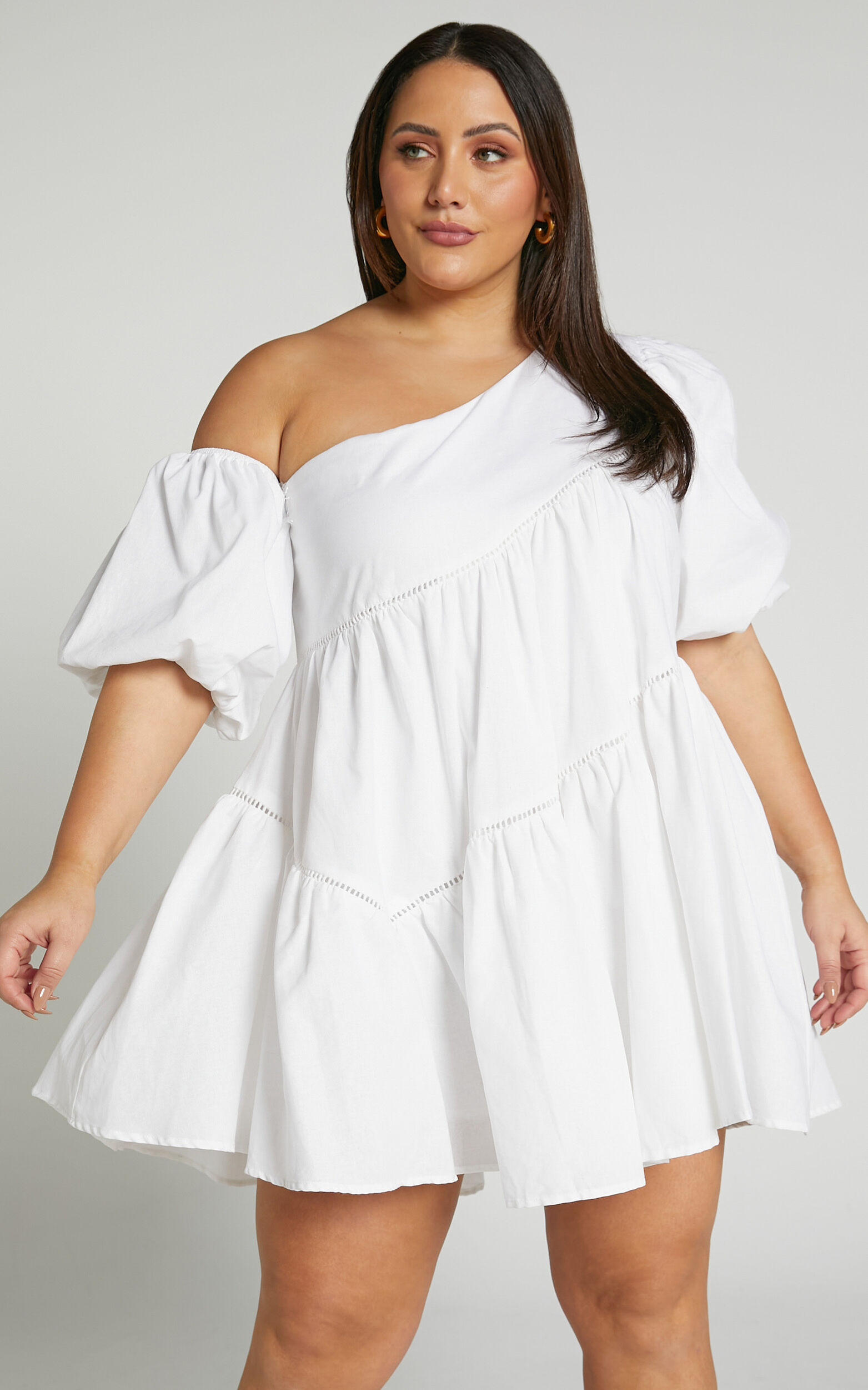 Harleen Mini Dress - Linen Asymmetrical Trim Puff Sleeve Dress in White