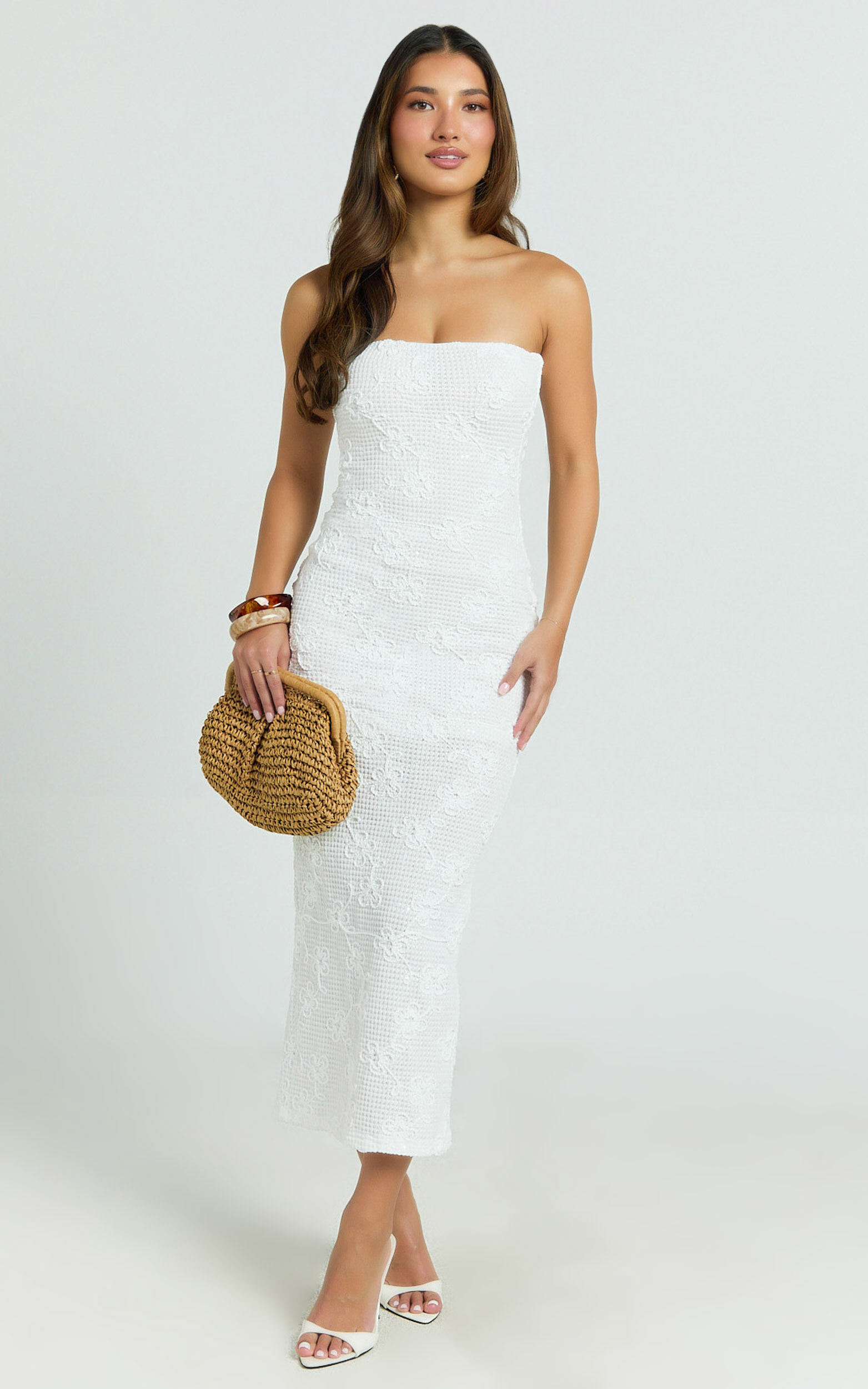 Jamil Midi Dress - Strapless Fitted Jersey Dress in White