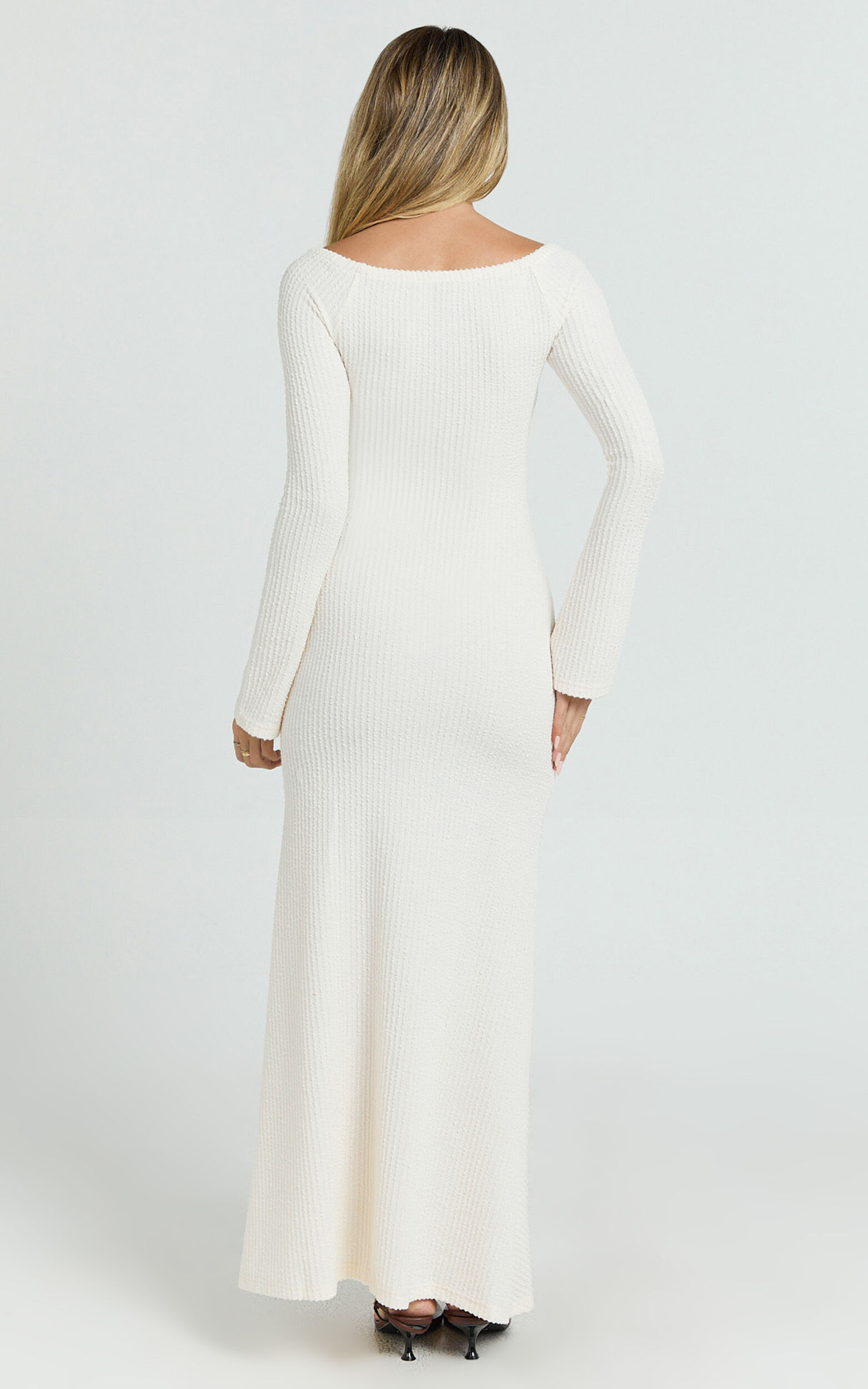 Ayla Maxi Dress - Off Shoulder Flared Sleeve Bodycon Dress in Off White