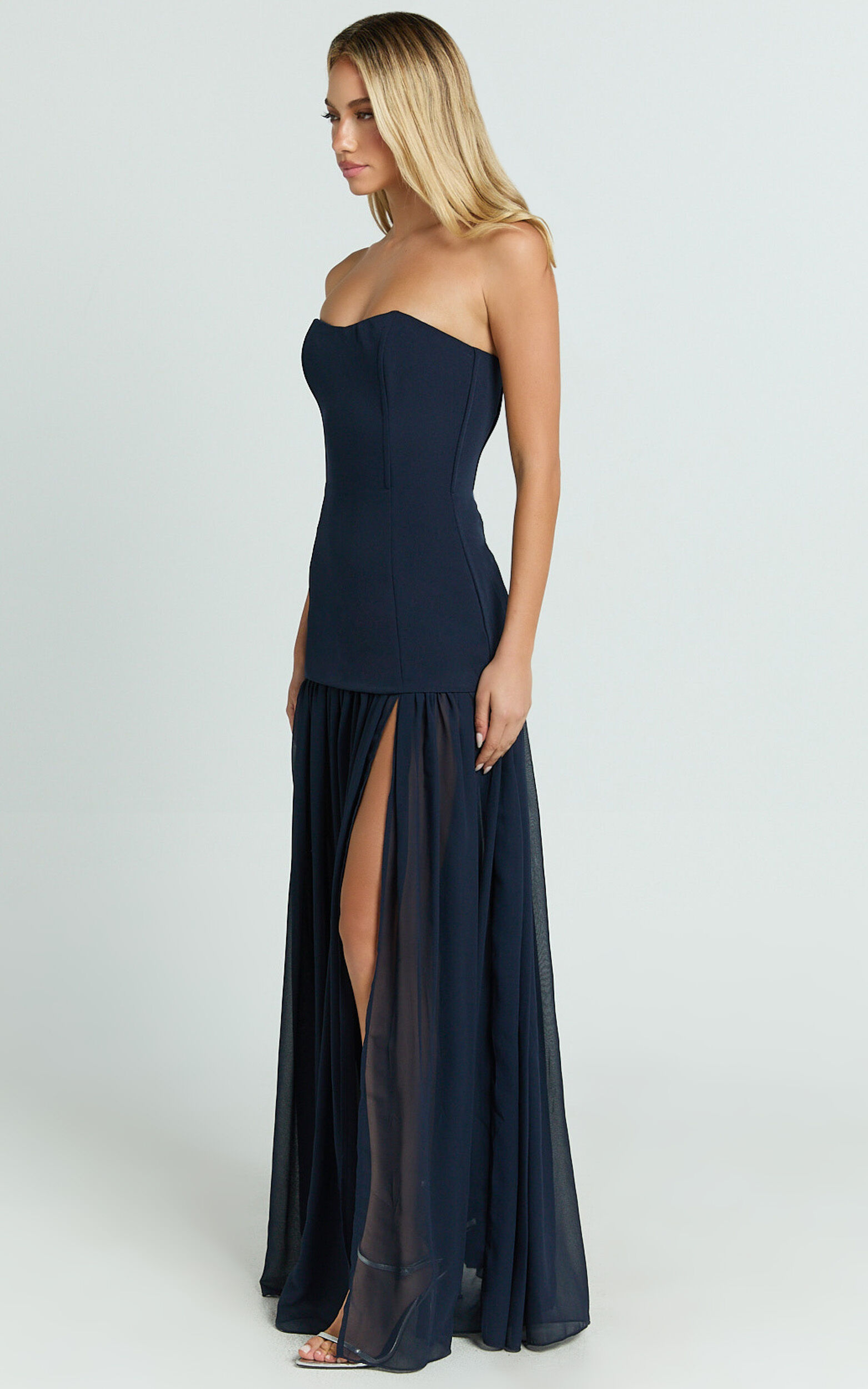 Jocelyn Maxi Dress - Strapless Ruched Fit And Flare Dress in Navy