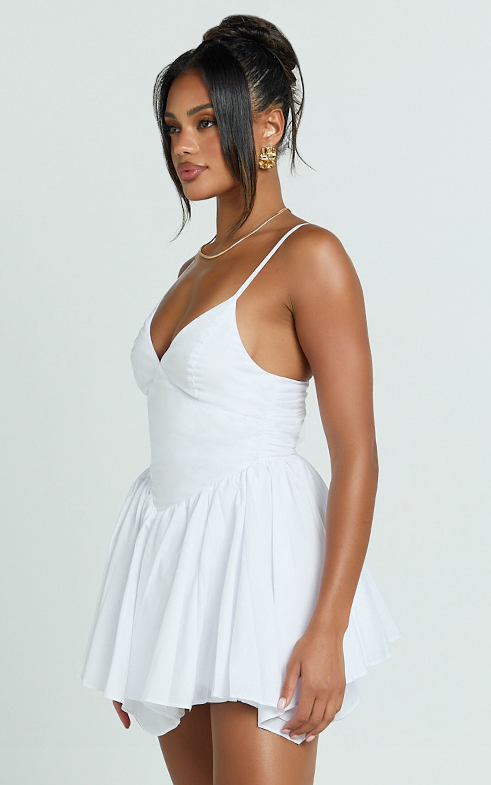 Julie Mini Dress - V Neck Drop V Waist Pleated Dress in White