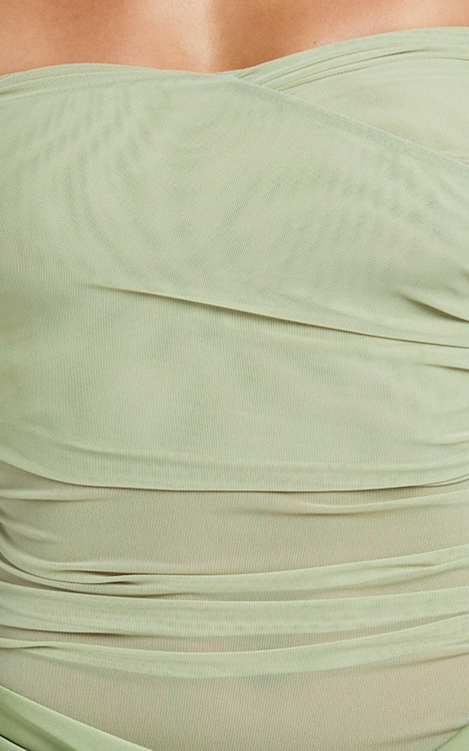 Jade Mini Dress - Long Sleeve Off Shoulder Draped Bias Cut Dress in Sage