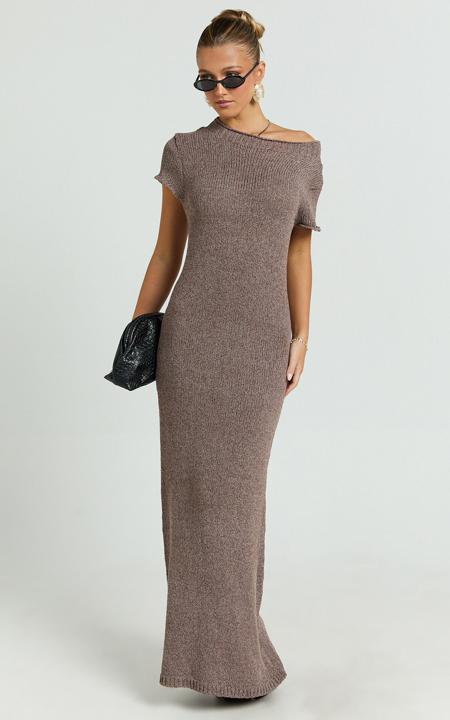 Amber Maxi Dress - Knitted T-Shirt Dress in Brown