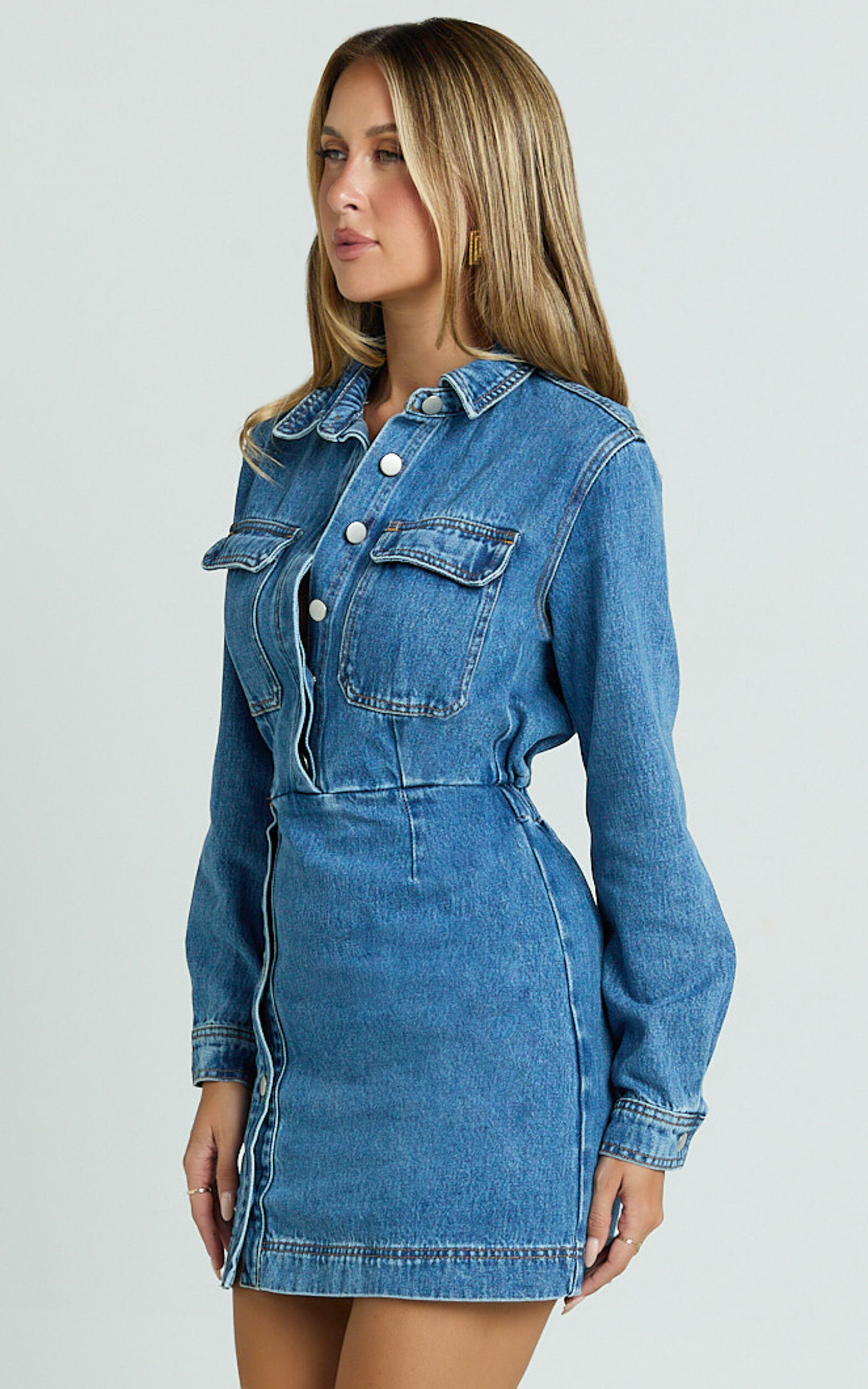 Ainsley Mini Dress - Button Through Long Sleeve Denim Dress in Mid Blue Wash