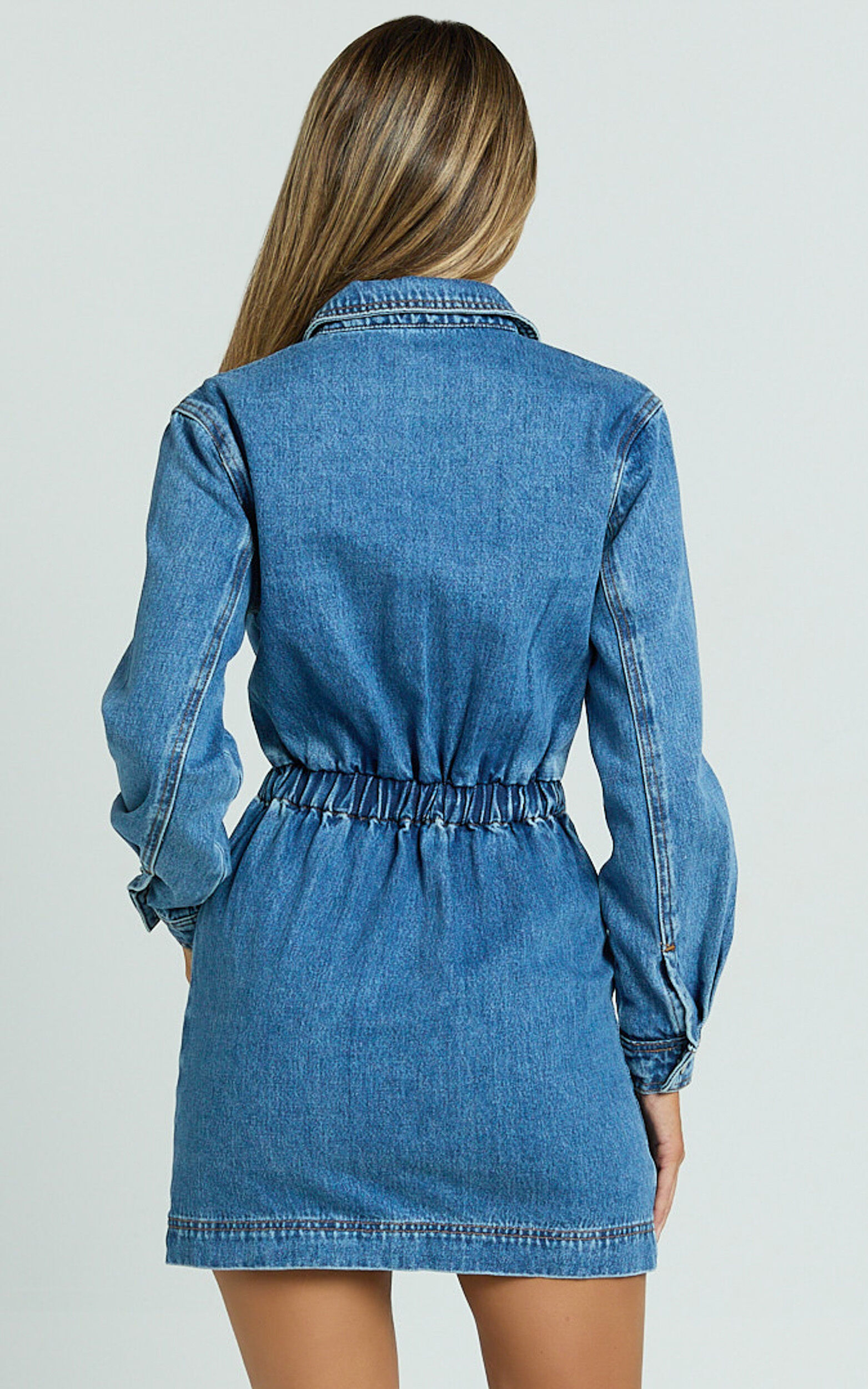 Ainsley Mini Dress - Button Through Long Sleeve Denim Dress in Mid Blue Wash