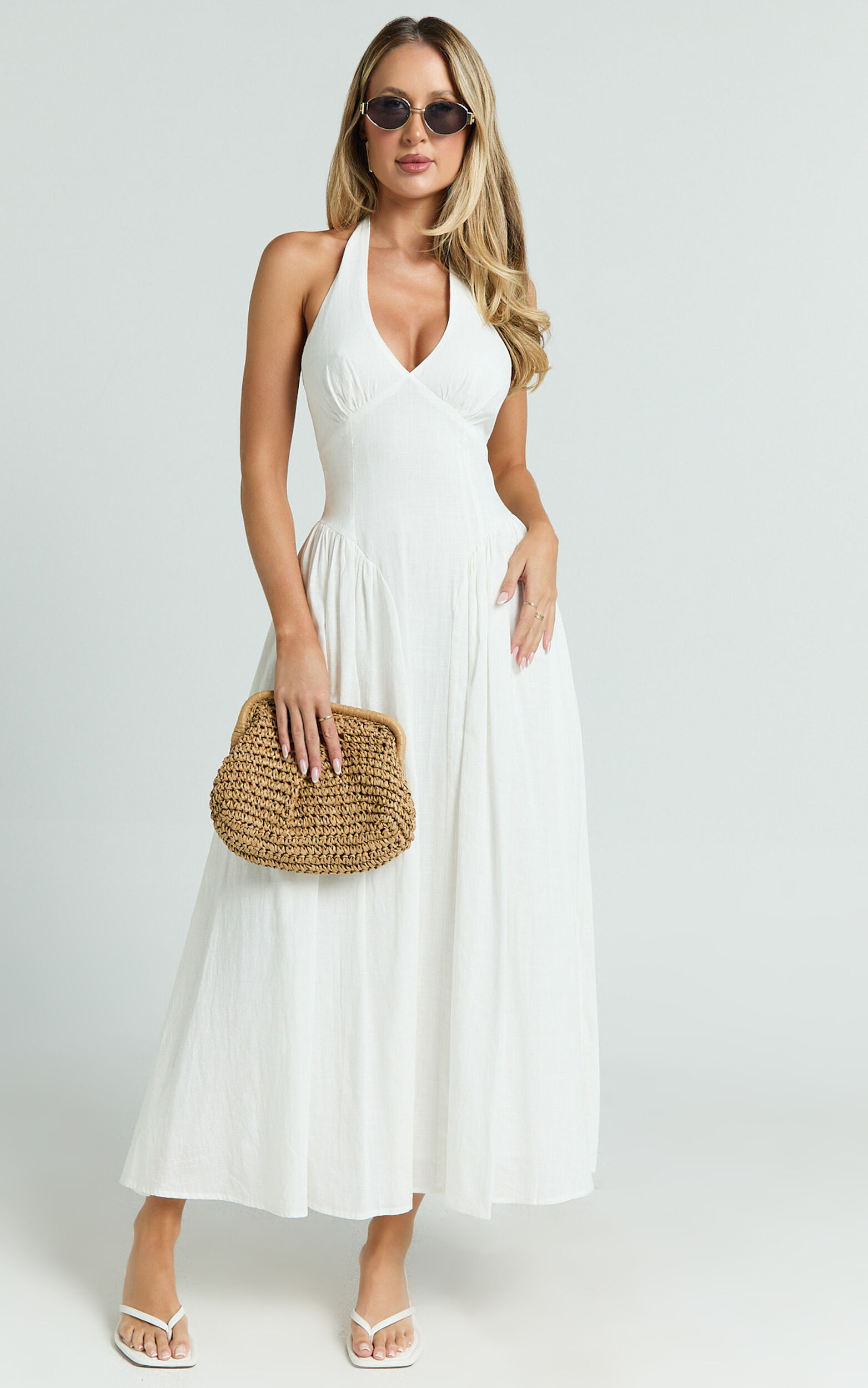 Athena Midi Dress - Halter Drop Waist Dress in White