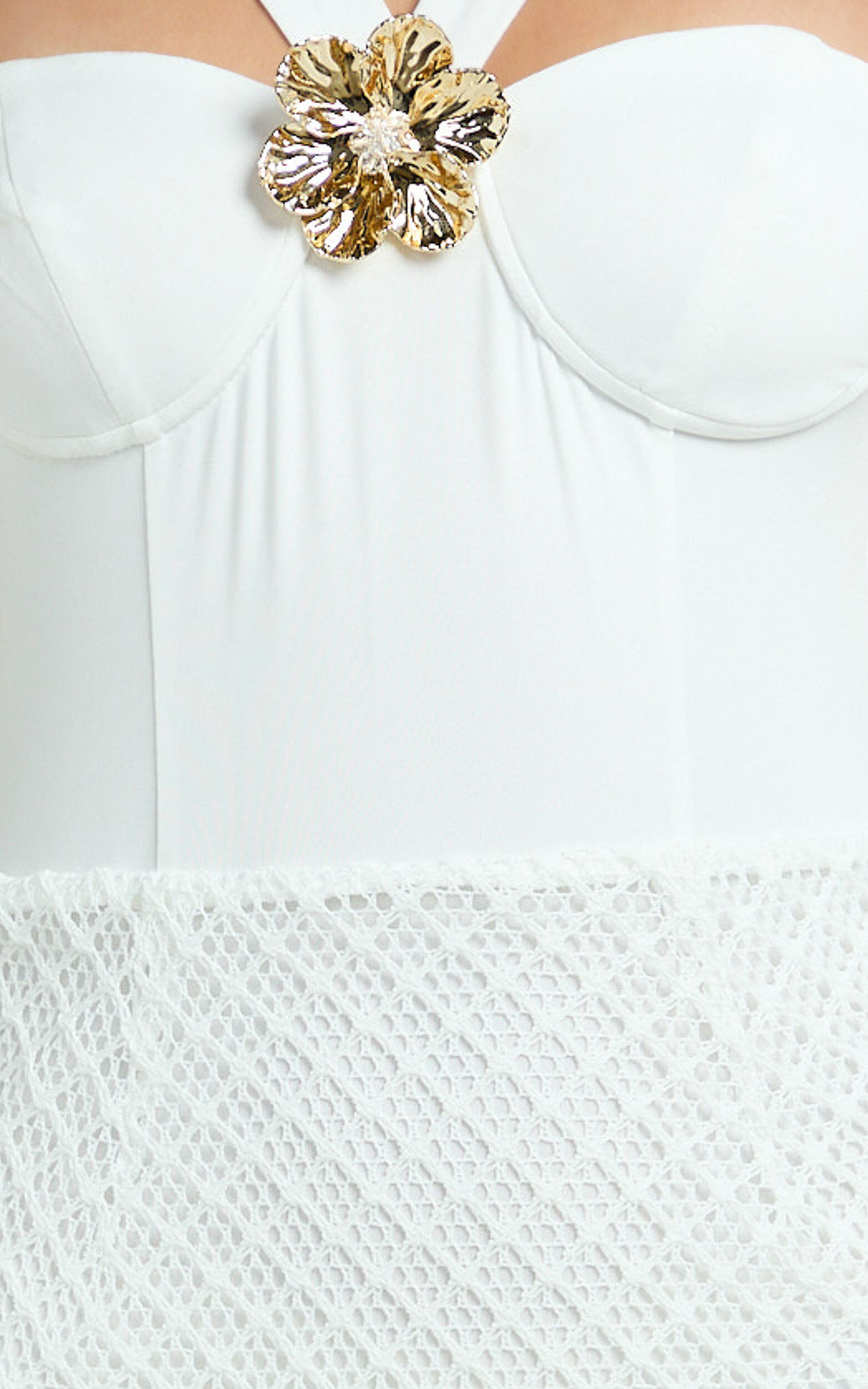Adalia Maxi Dress - Strappy Rosette Trim Jersey Bodysuit Crochet Column Skirt Dress in Off White