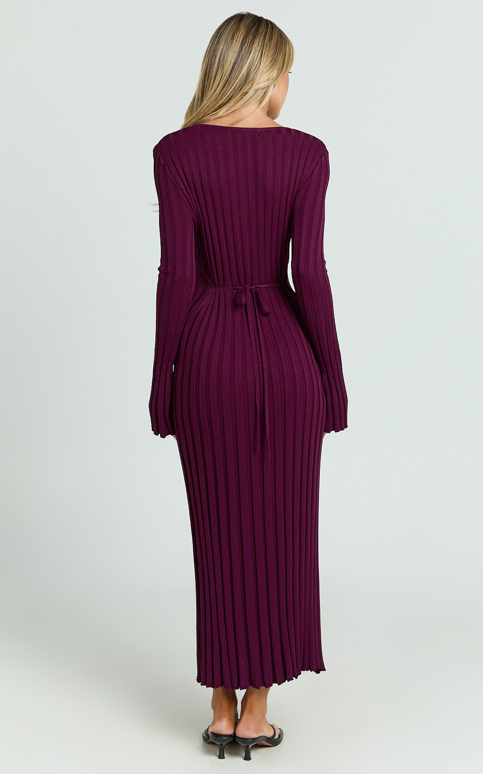 Blaire Midi Dress - Long Sleeve Tie Back Flare Dress in Wine