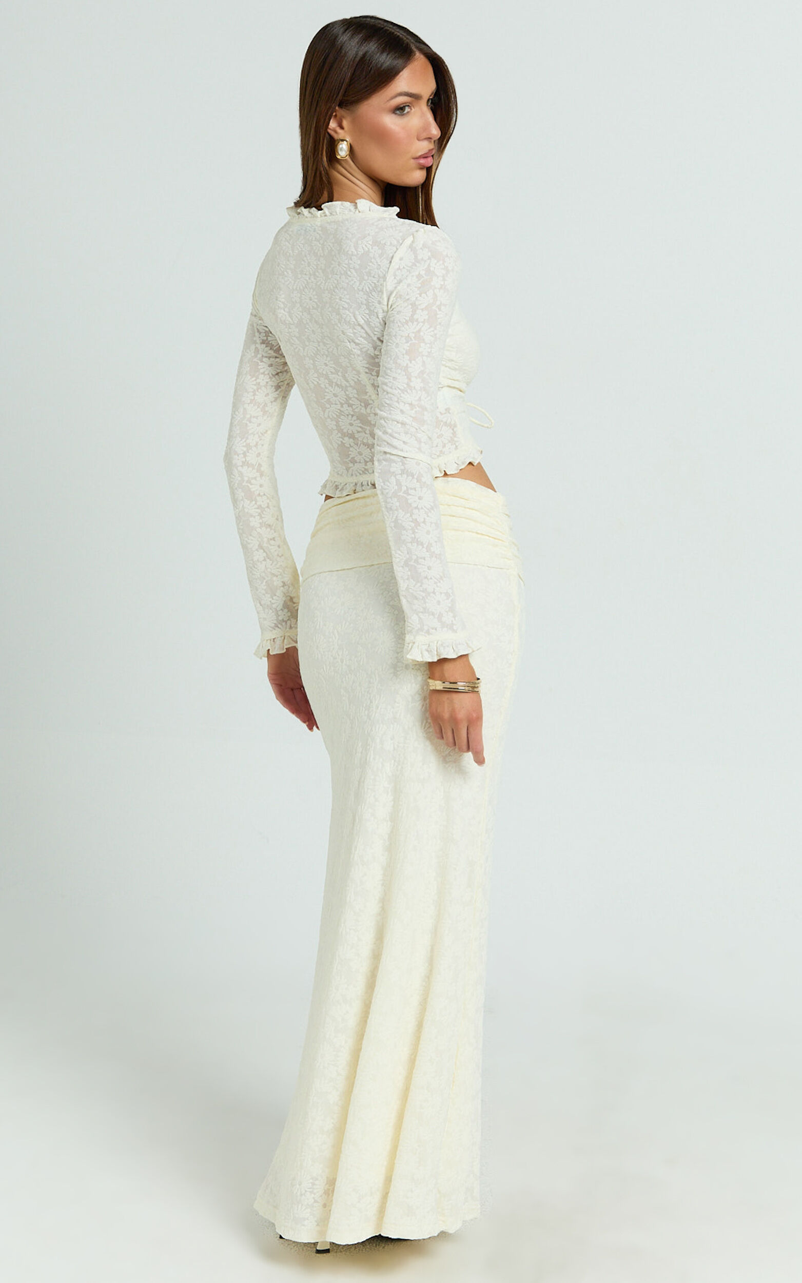 Gelyn Two Piece Set - Lace Ruffle Detail Long Sleeve Top and Maxi Skirt Set in Cream