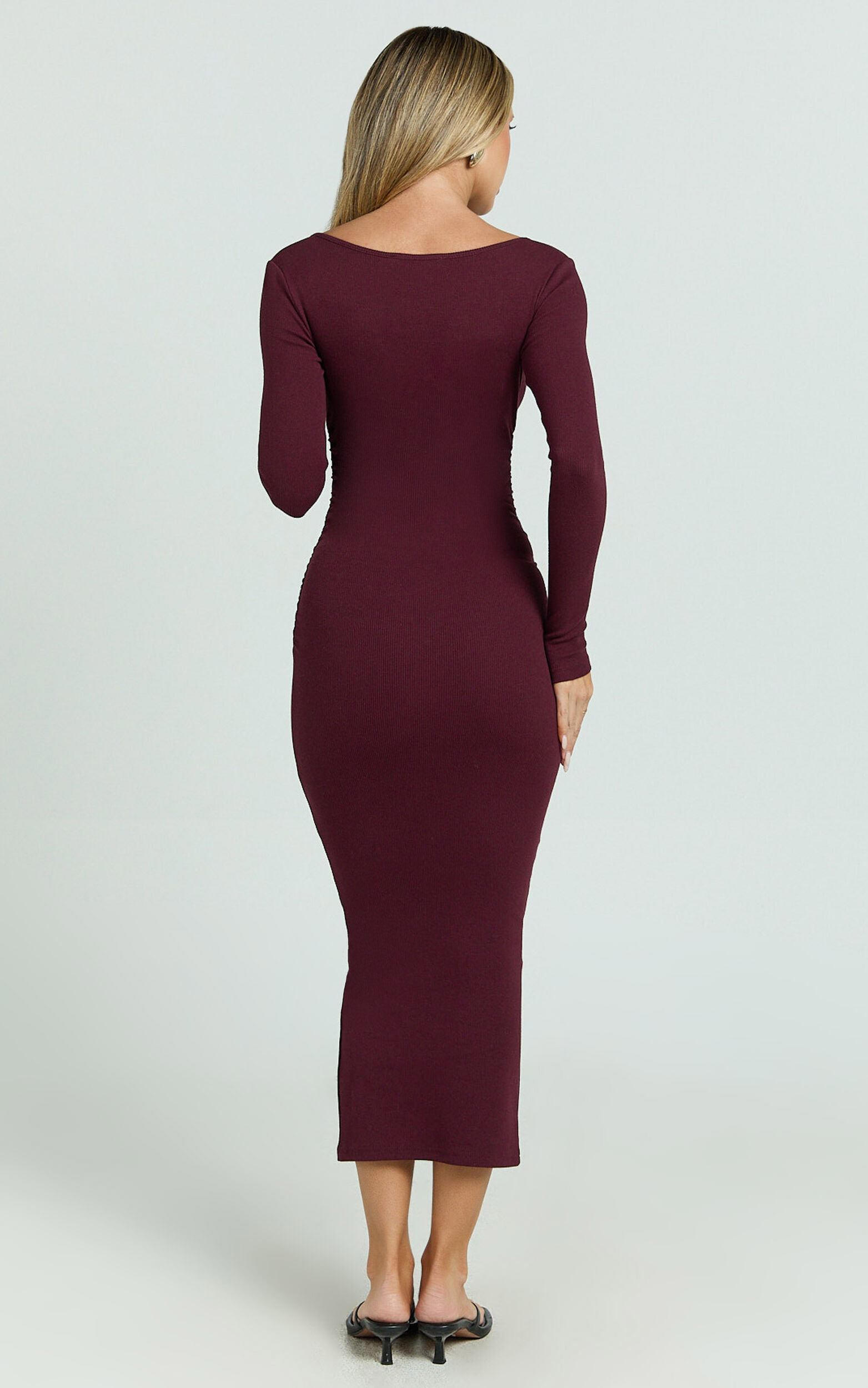 Lucy Midi Dress - Ribbed Side Ruched Bodycon Dress in Wine