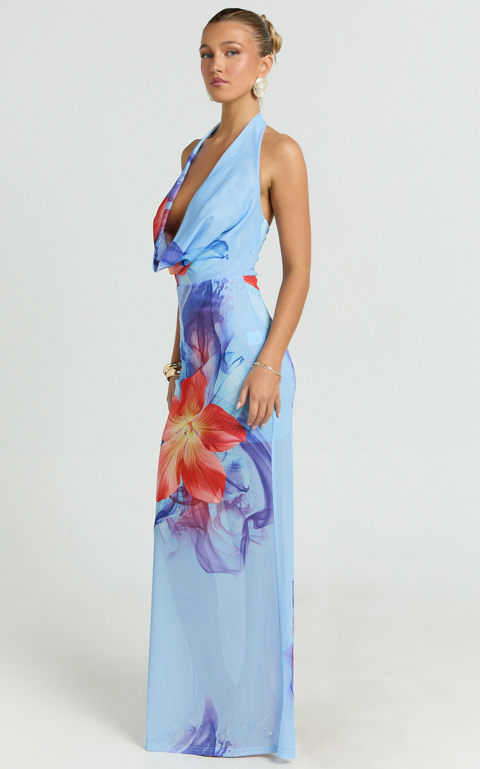 Larissa Maxi Dress - Mesh Low Cowl Halter Neck Bodycon Dress in Electric Orchid