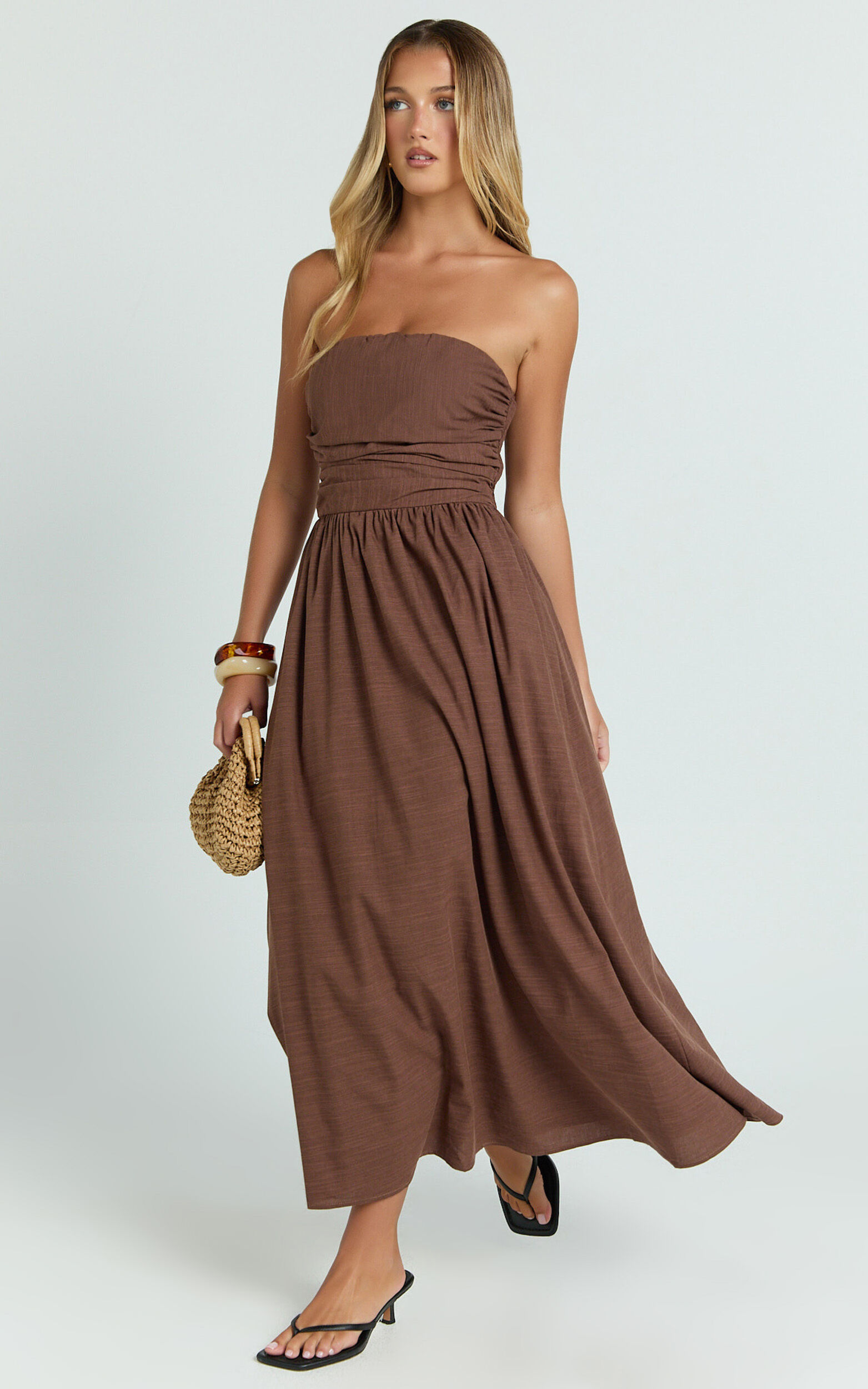 Polly Midi Dress - Strapless Ruched Dress in Chocolate
