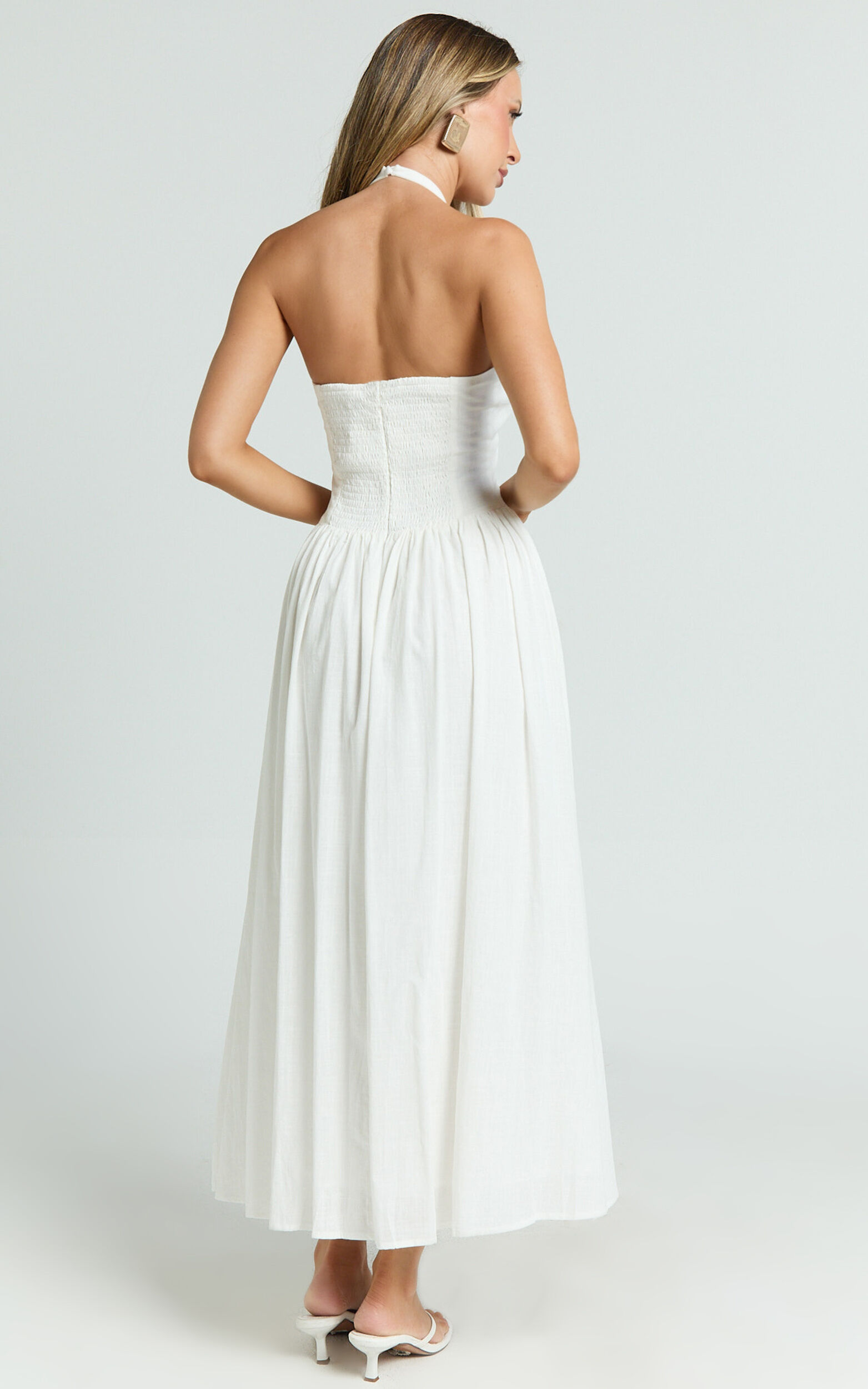 Athena Midi Dress - Halter Drop Waist Dress in White
