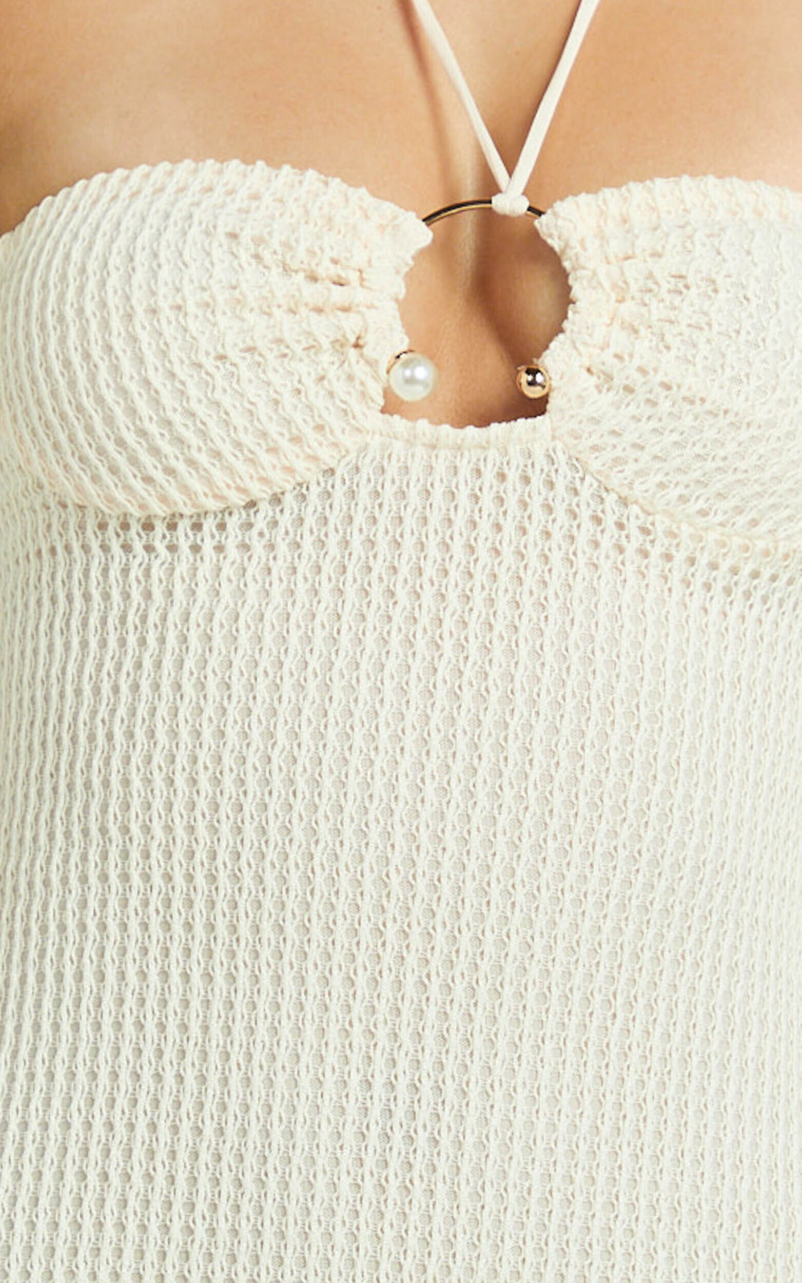 Blaire Midi Dress - Strappy Ruched Front Column Fitted Textured Jersey Dress in Off White