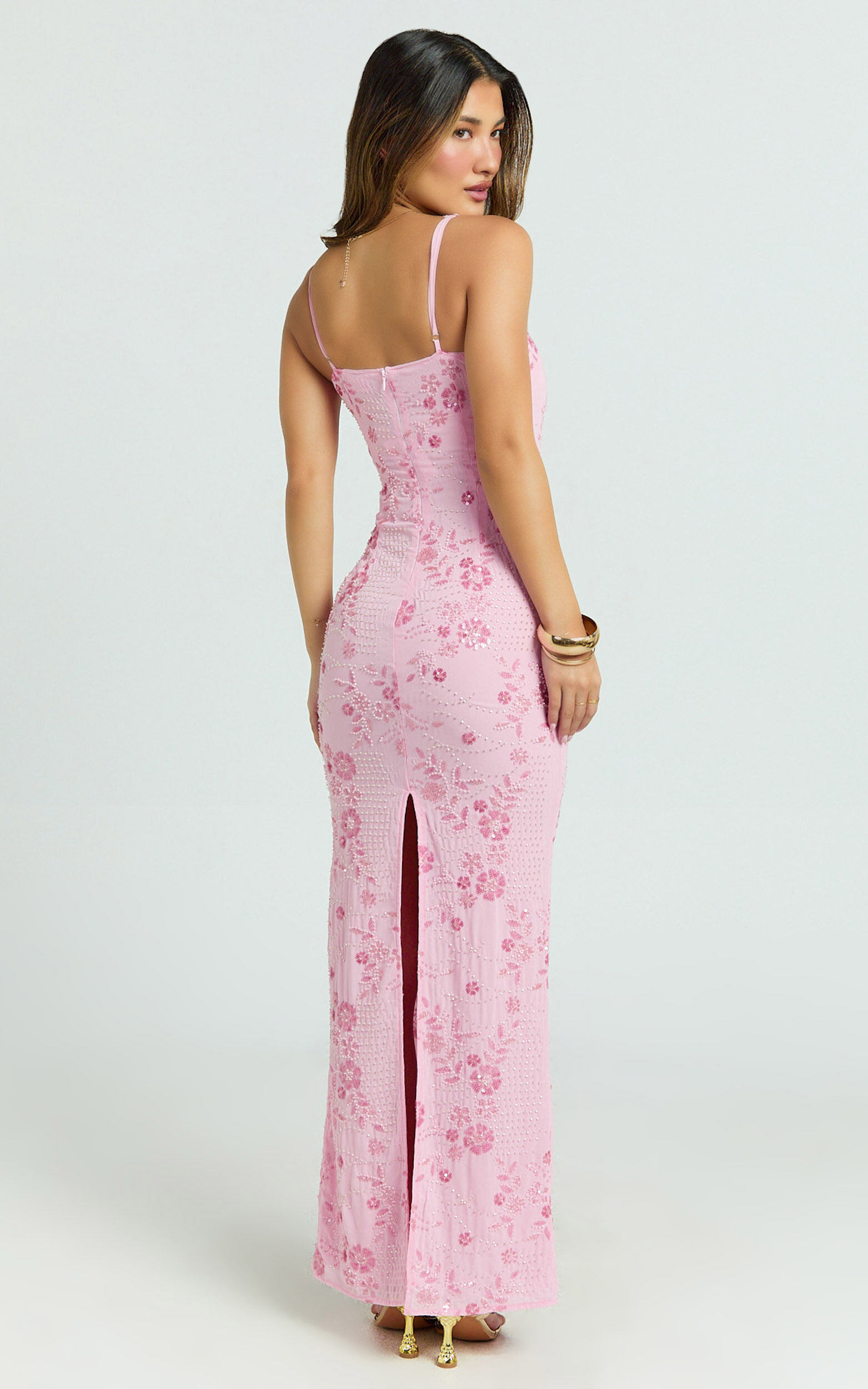 Shari Maxi Dress - Strappy Scoop Neck Column Fitted Sequin Mesh Dress in Pink