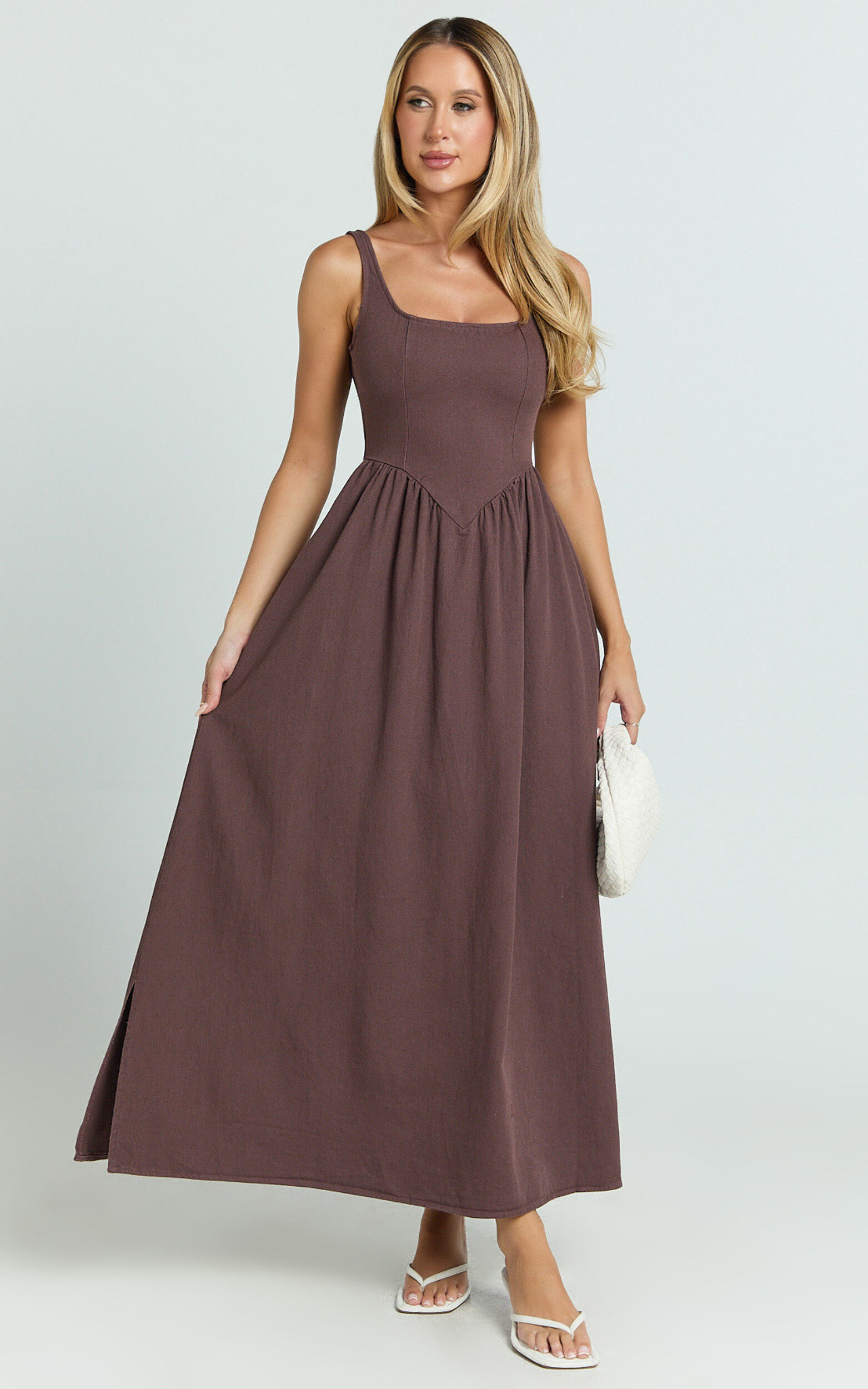 Rhaziya Midi Dress - Sleeveless Straight Neck Fit and Flare Dress in Chocolate