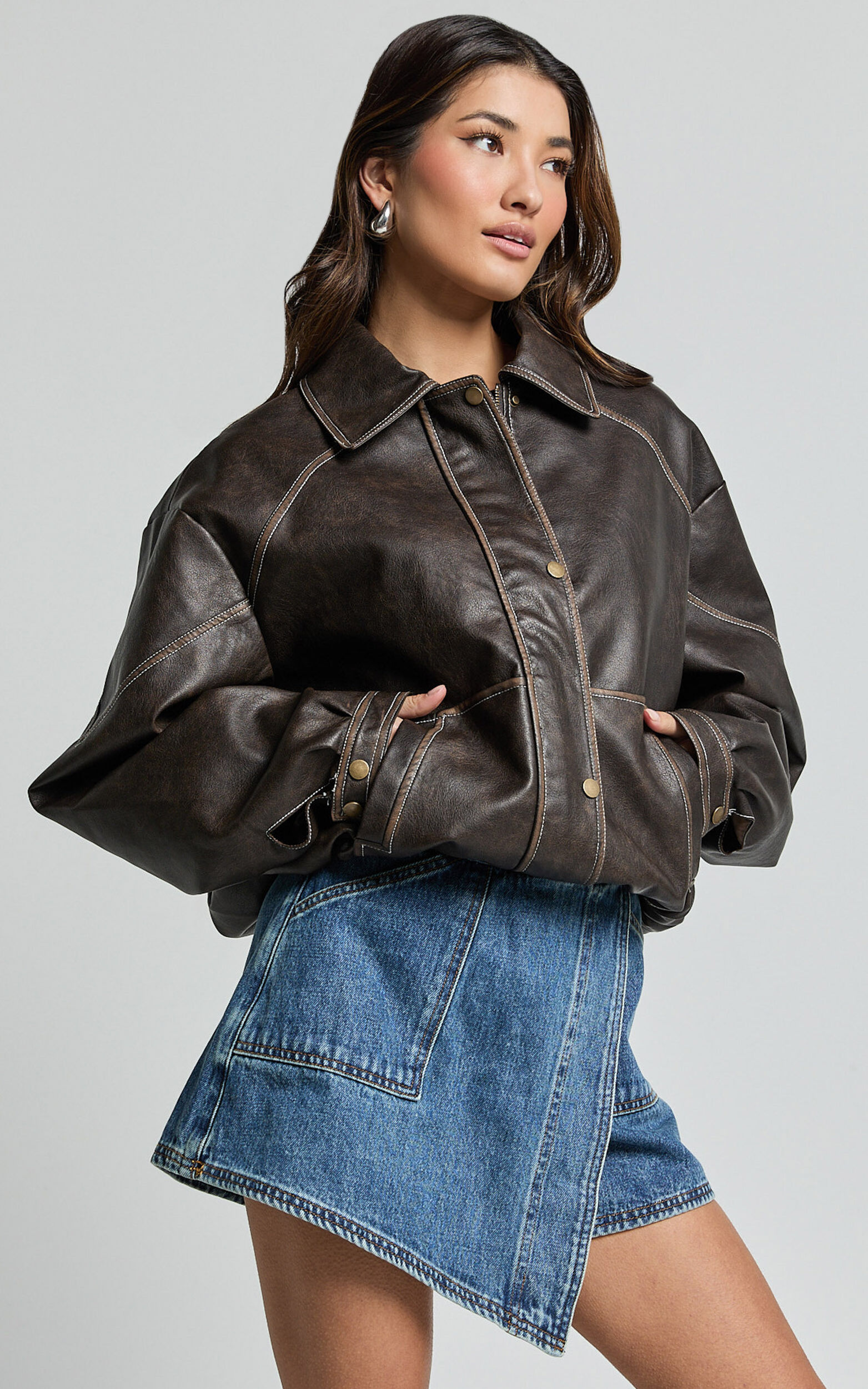 Gail Jacket - Faux Leather Bomber Jacket in Washed Brown