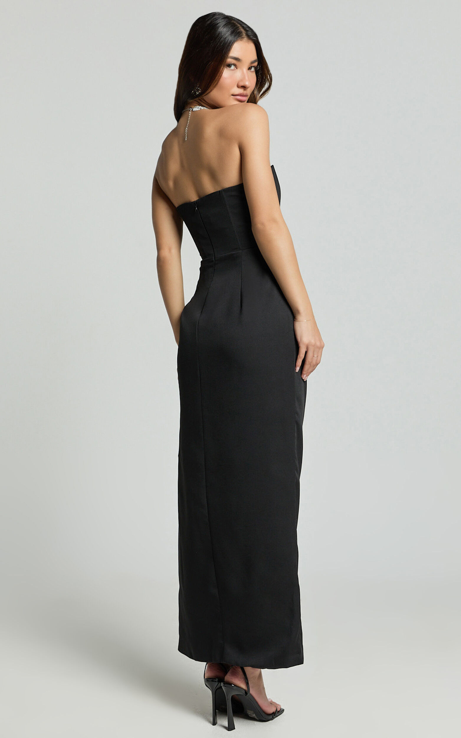 Avery Midi Dress - Strapless Draped Side Split Dress in Black