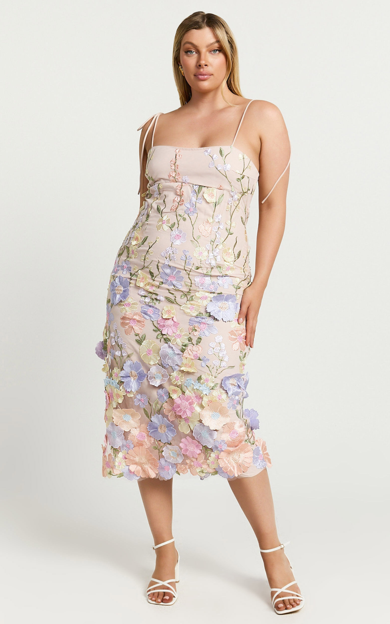 Jamich Midi Dress - Straight Neck Tie Strap Pencil Dress in Soft Pink