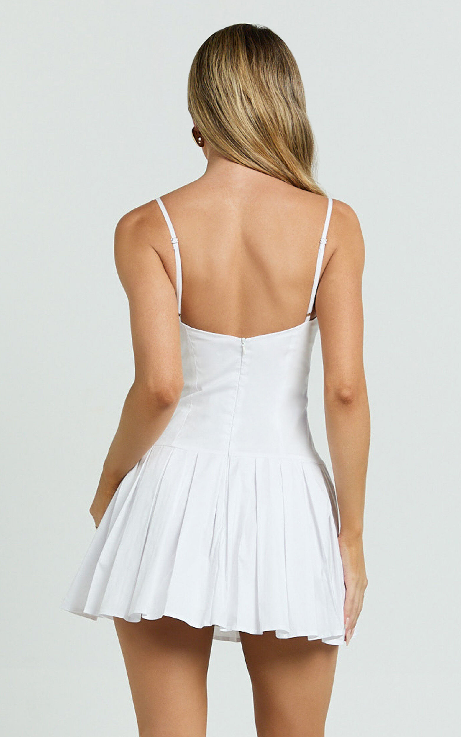 Stefanie Mini Dress - Scoop Neck Drop Waist Pleated Dress in White