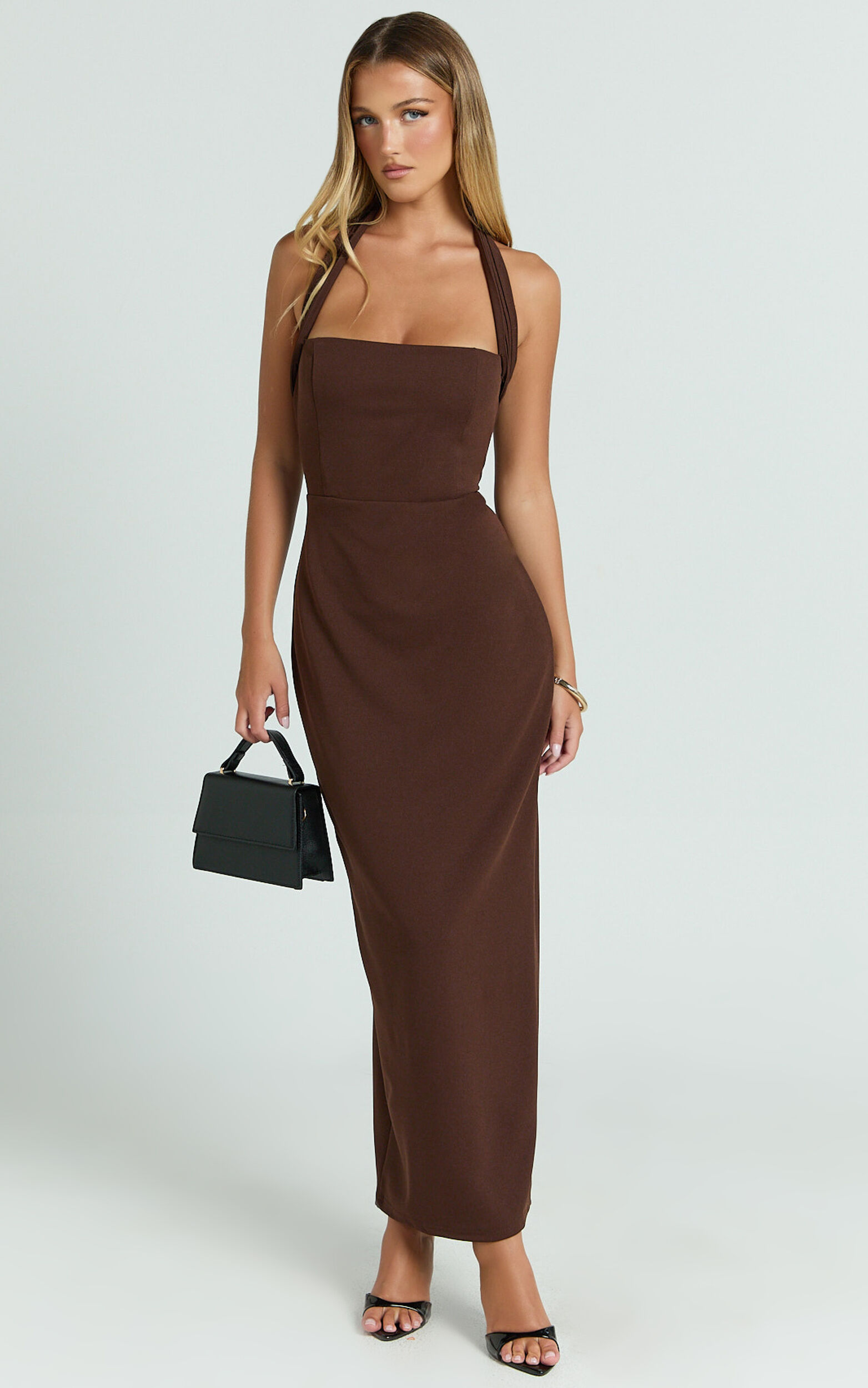 Salome Midi Dress - Halter Neck Column Dress in Chocolate