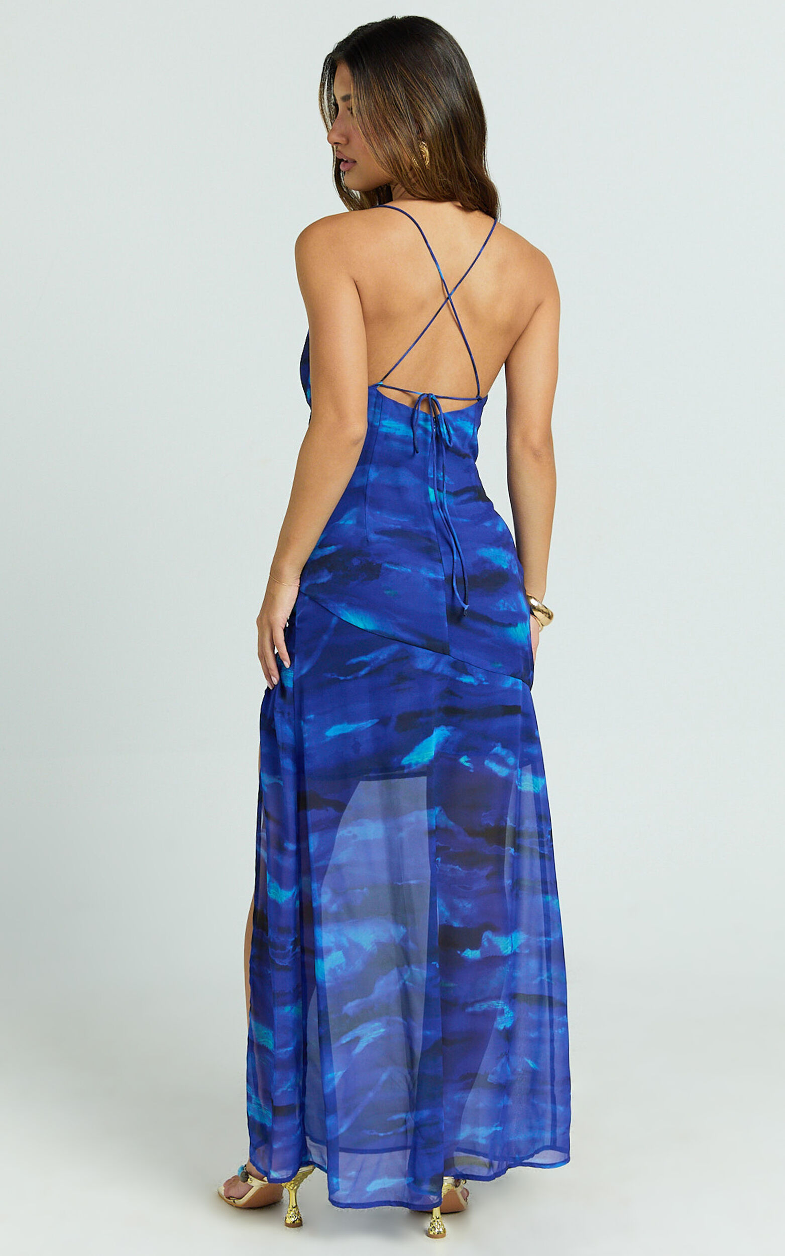 Cher Maxi Dress - Strappy Cowl Neck Bias Cut Georgette Dress in Blue Abstract