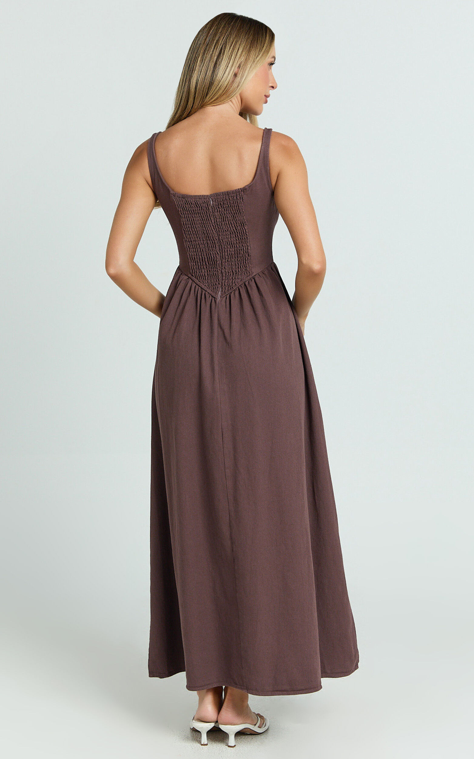 Rhaziya Midi Dress - Sleeveless Straight Neck Fit and Flare Dress in Chocolate