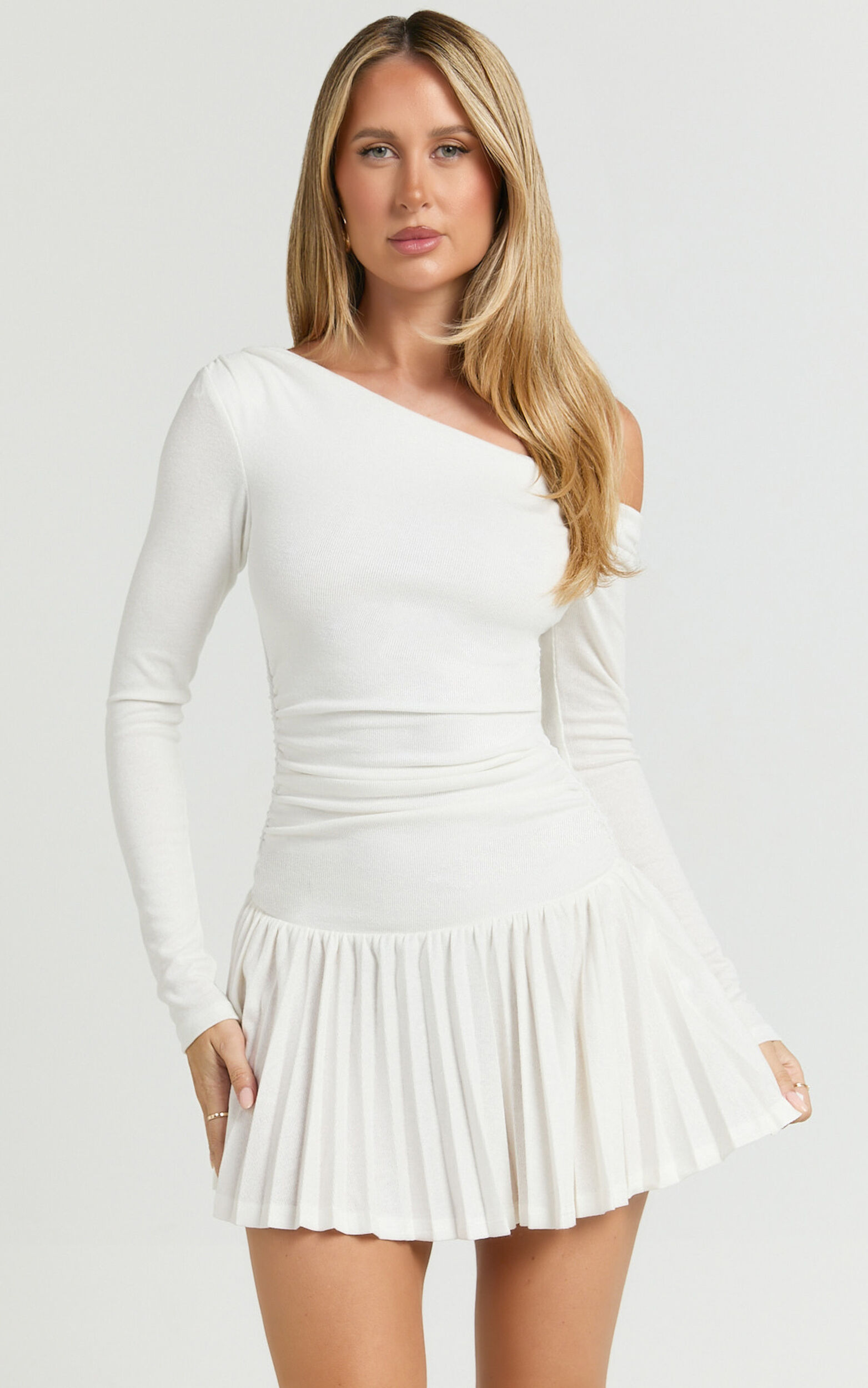 Presley Mini Dress - One Shoulder Ruched Side Pleated Fit And Flare Dress in Cream