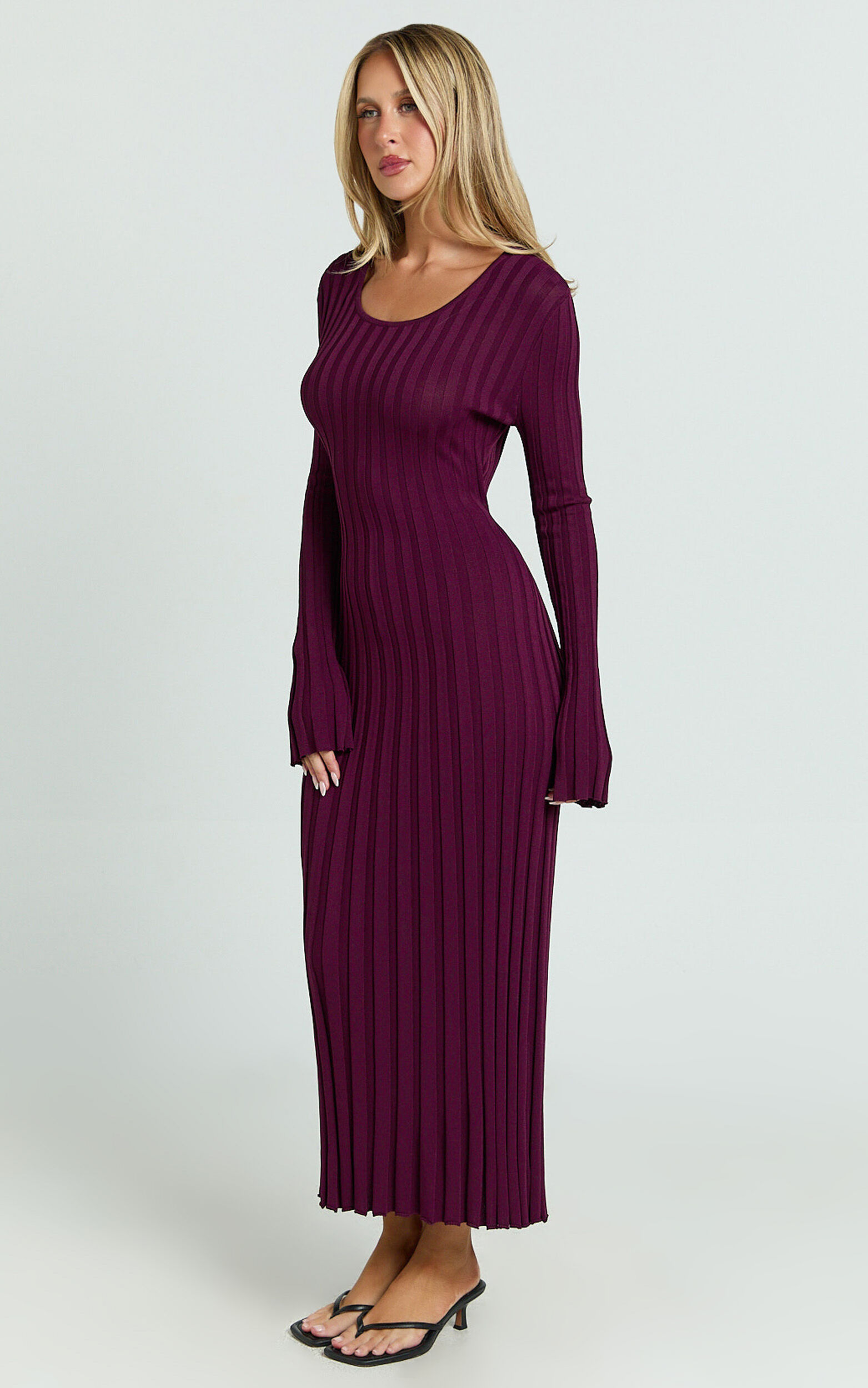 Blaire Midi Dress - Long Sleeve Tie Back Flare Dress in Wine