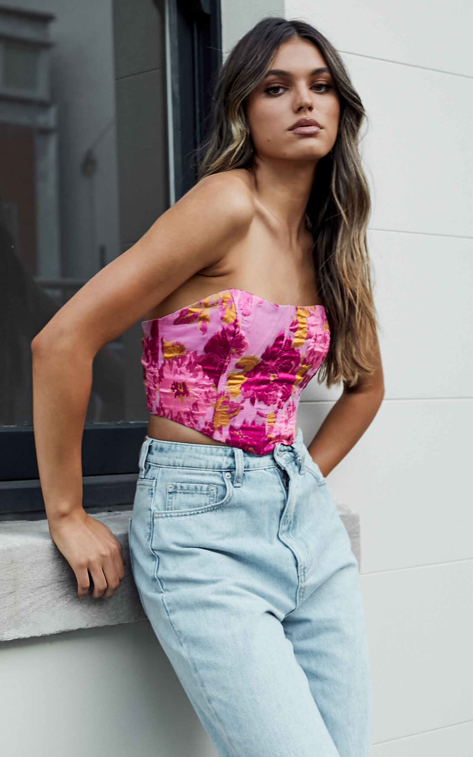 Brailey Top - Bustier Top in Pink Jacquard