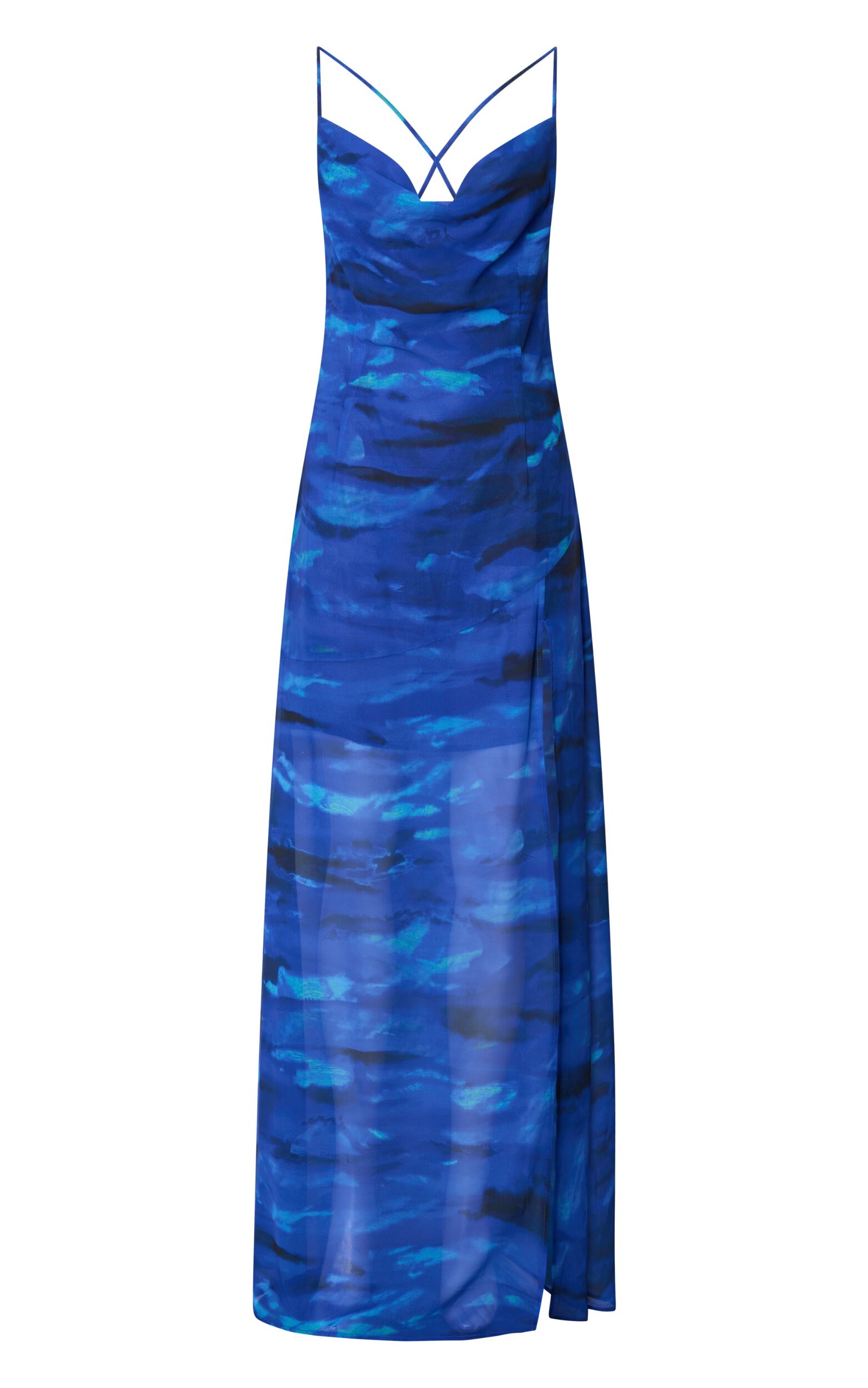 Cher Maxi Dress - Strappy Cowl Neck Bias Cut Georgette Dress in Blue Abstract